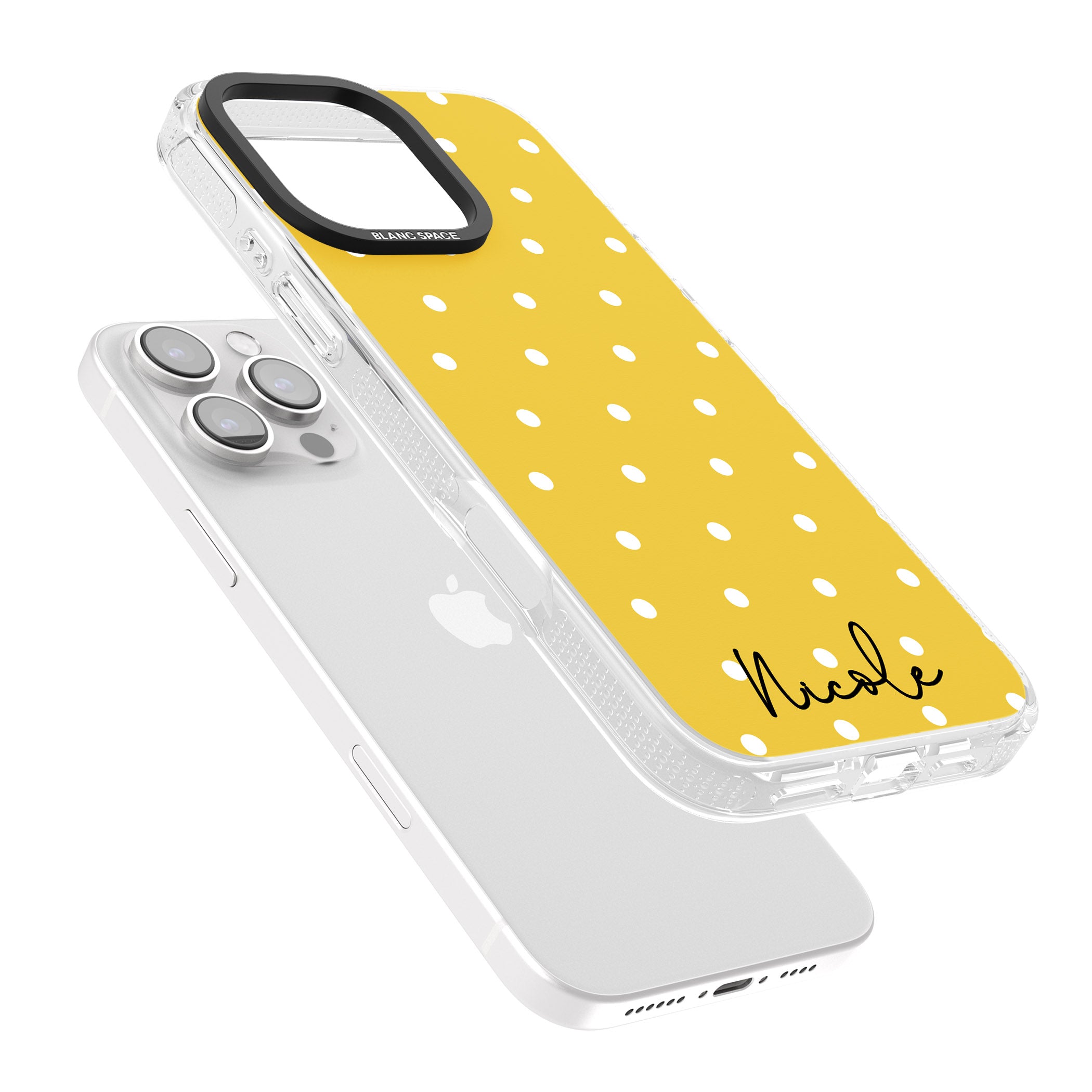 Personalised Yellow Polka Dot iPhone 16 Pro Max / 16 Pro Clear Case Impact Air - Blanc Space