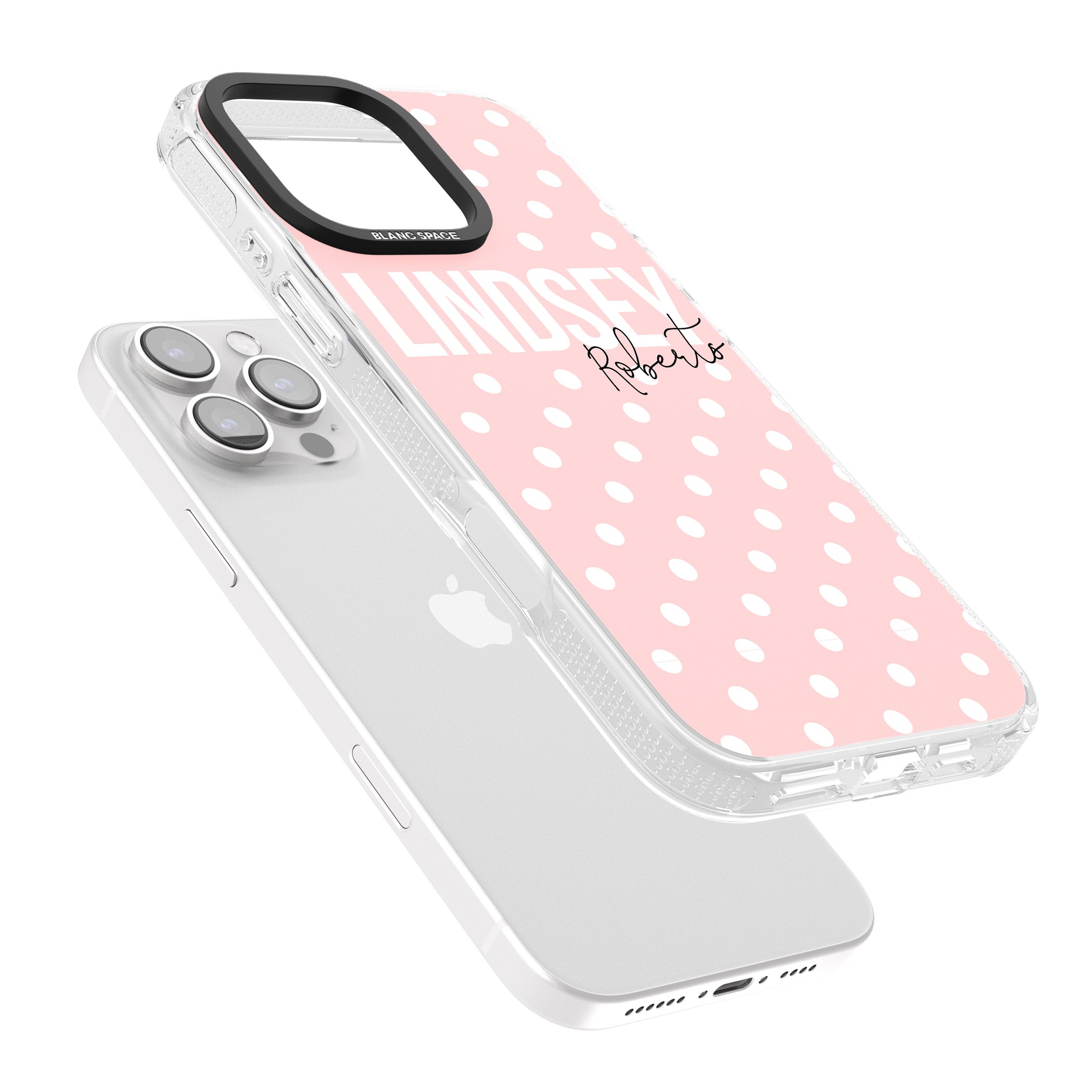 Personalised Pink Polka iPhone 16 Pro Max / 16 Pro Clear Case Impact Air - Blanc Space