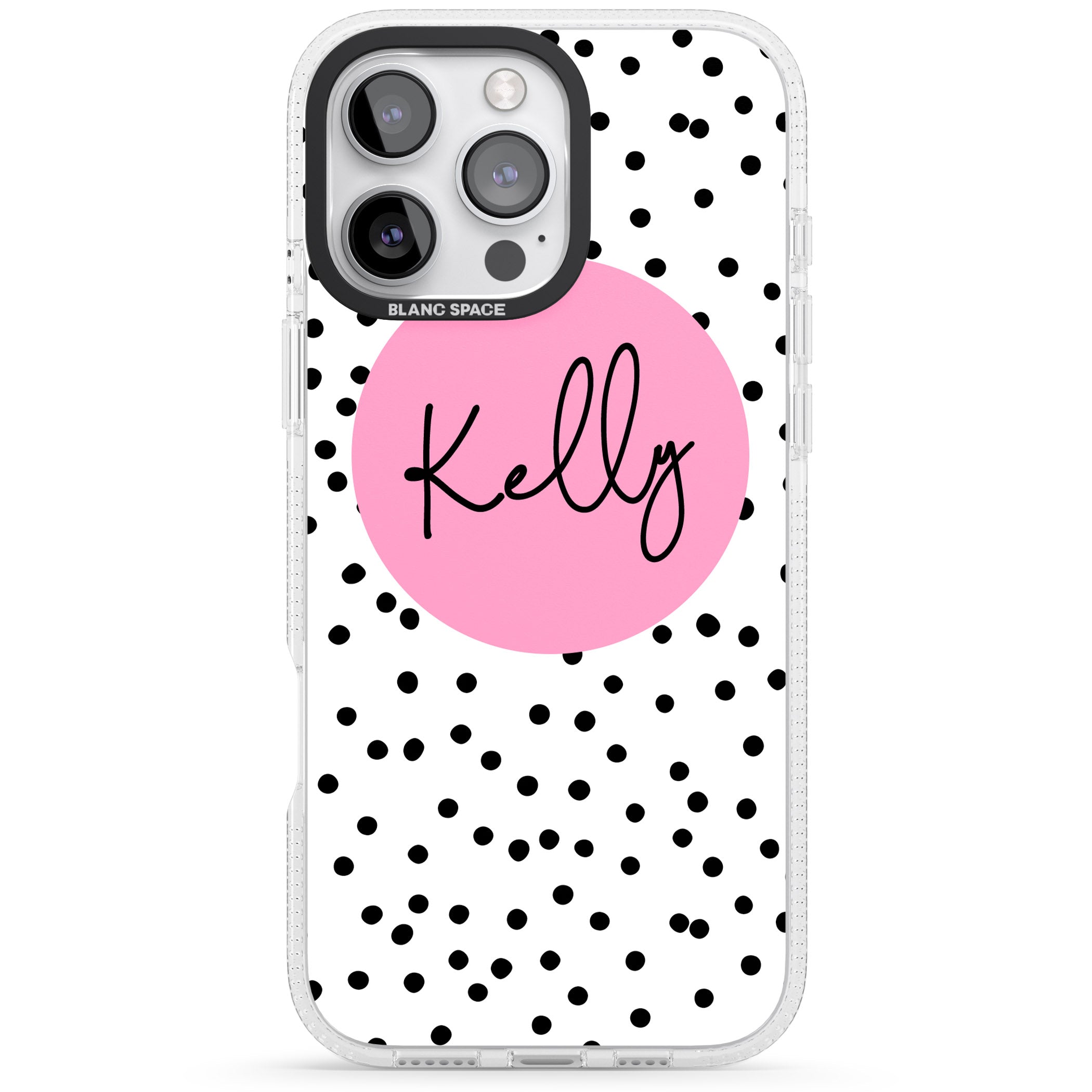 Personalised Pink Circle & Dots iPhone 16 Pro Max / 16 Pro Clear Case Impact Air - Blanc Space