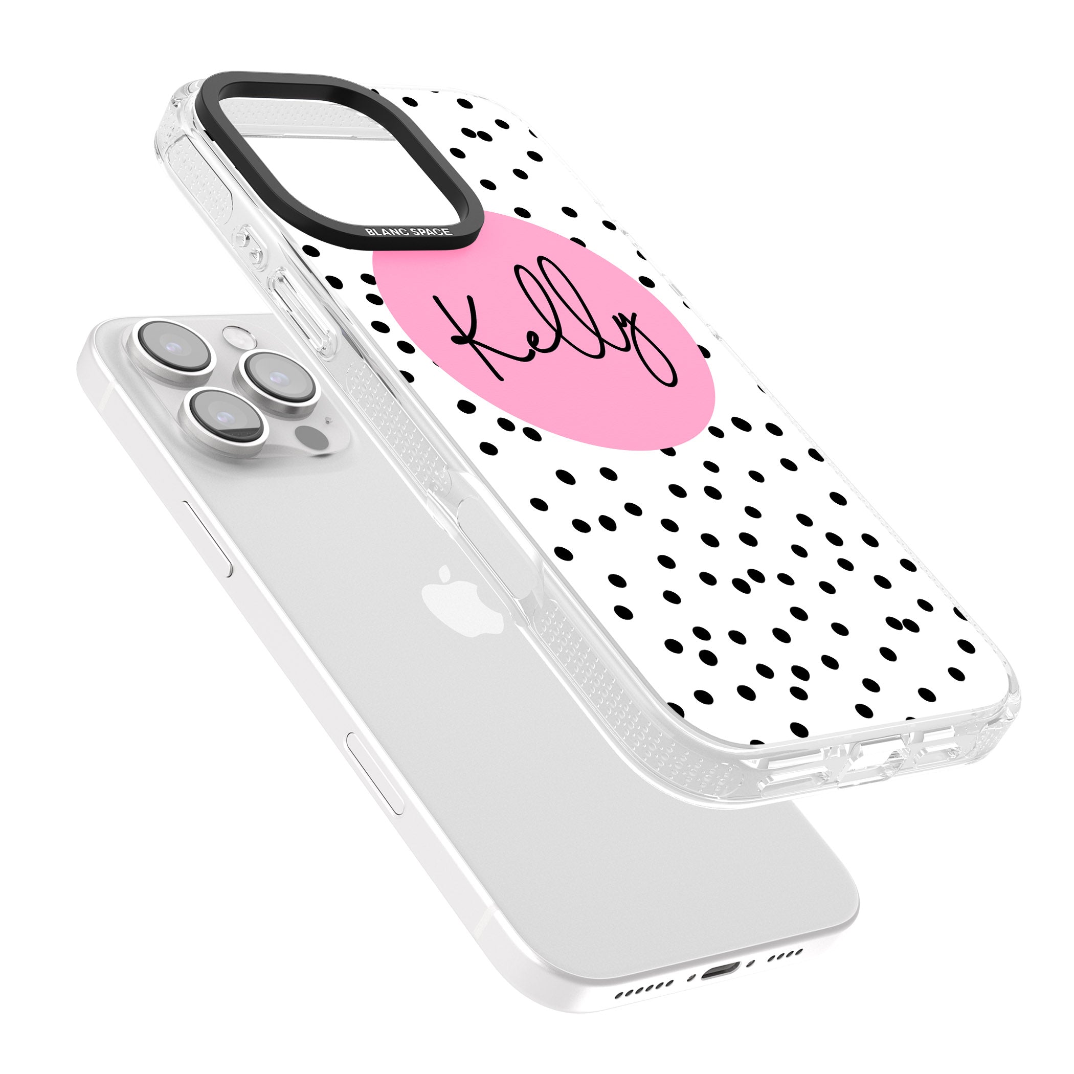 Personalised Pink Circle & Dots iPhone 16 Pro Max / 16 Pro Clear Case Impact Air - Blanc Space
