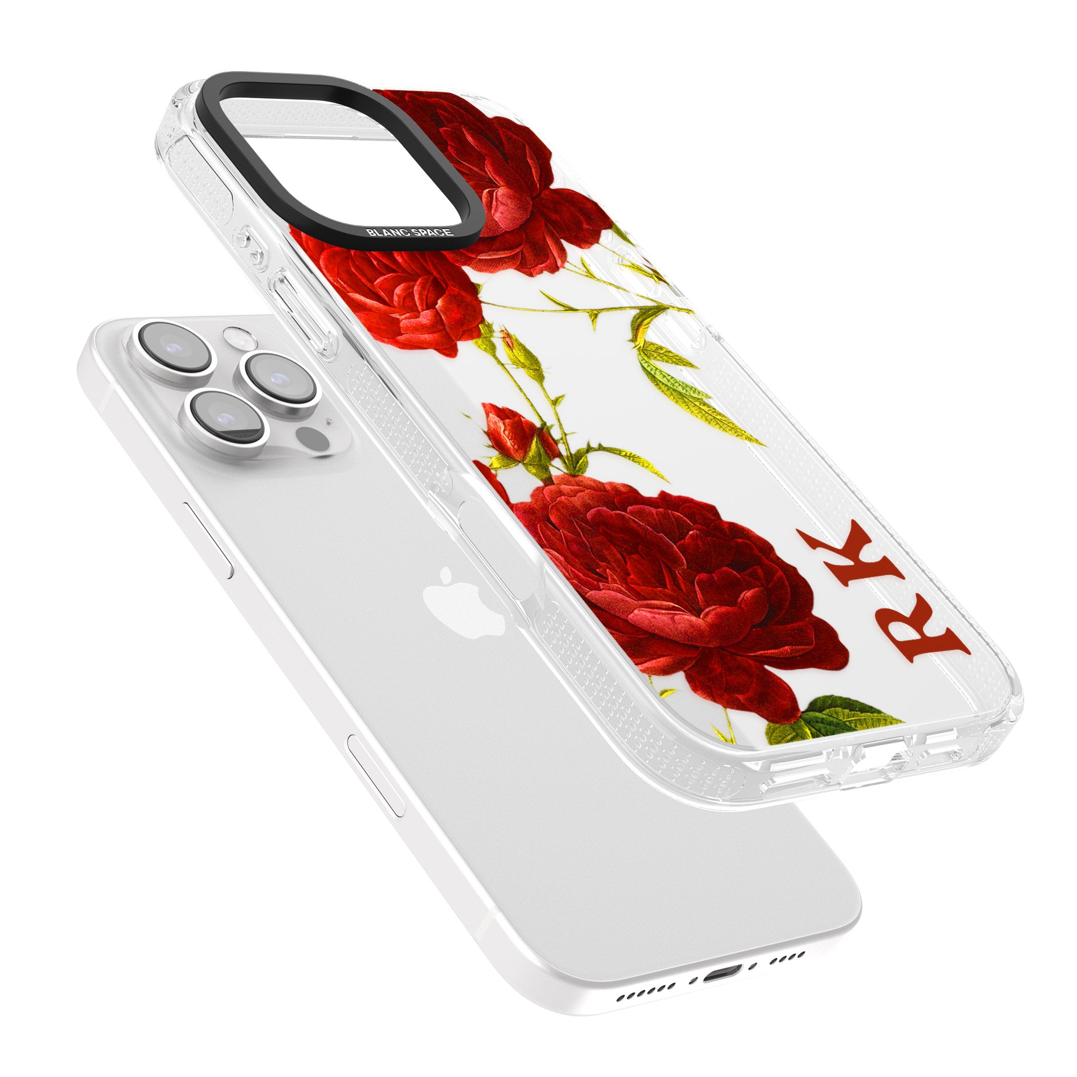 Personalised Clear Vintage Floral Red Roses iPhone 16 Pro Max / 16 Pro Clear Case Impact Air - Blanc Space