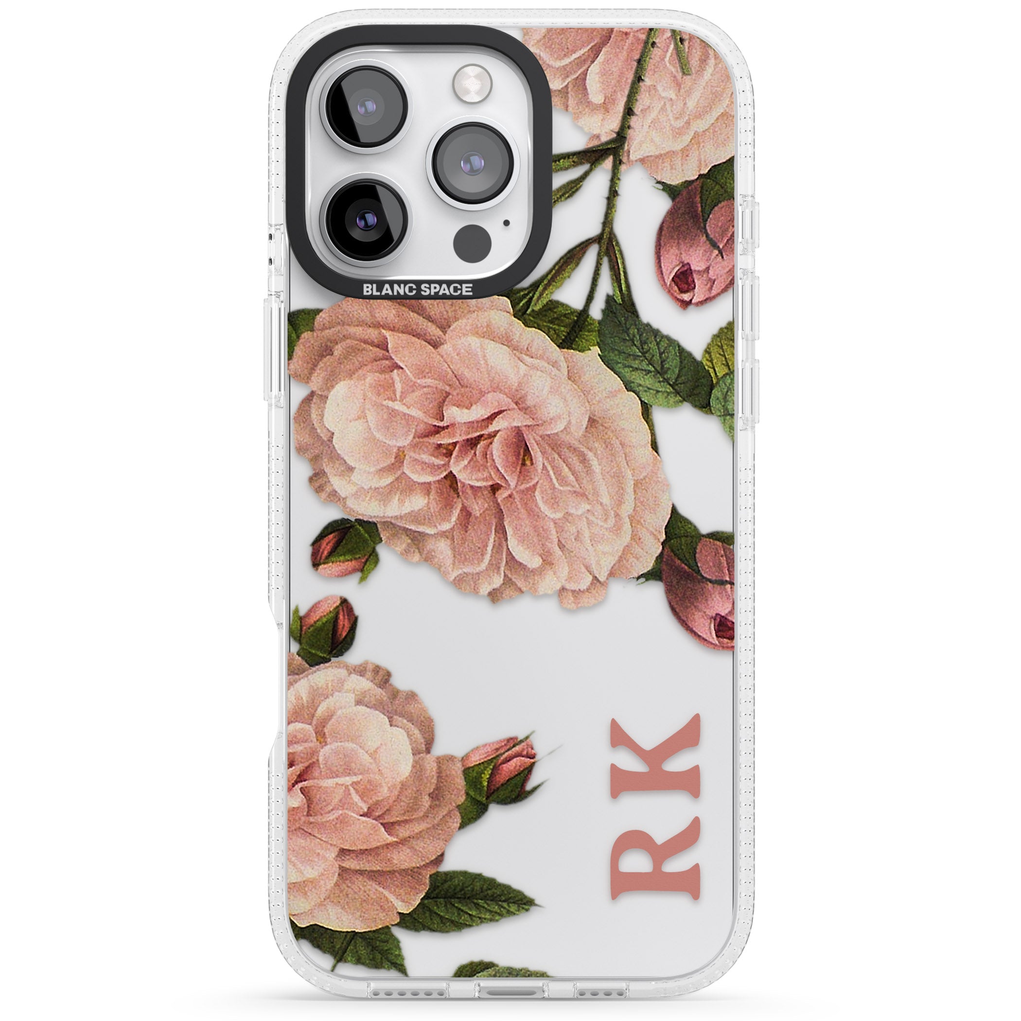 Personalised Clear Vintage Floral Pale Pink Peonies iPhone 16 Pro Max / 16 Pro Clear Case Impact Air - Blanc Space