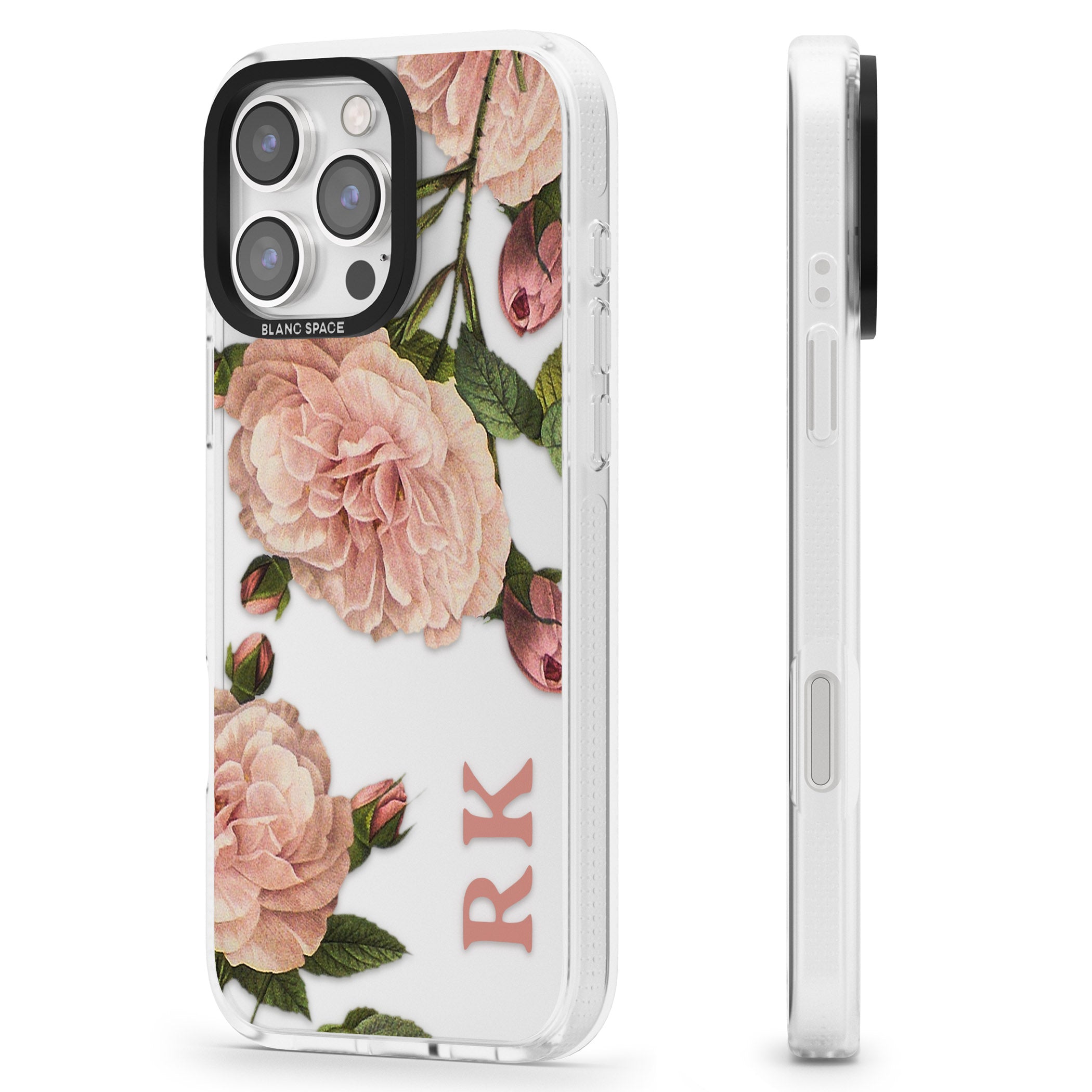 Personalised Clear Vintage Floral Pale Pink Peonies iPhone 16 Pro Max / 16 Pro Clear Case Impact Air - Blanc Space
