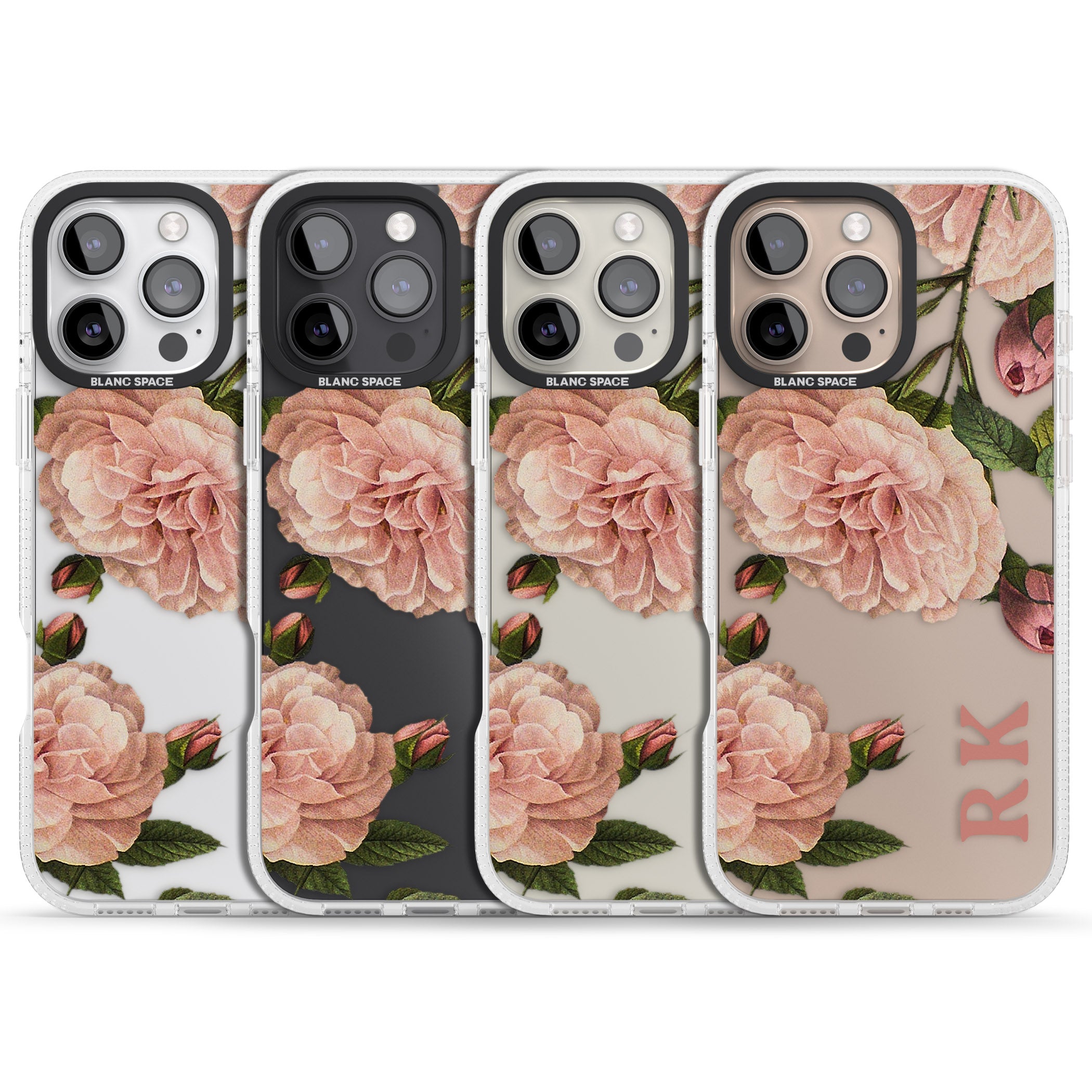 Personalised Clear Vintage Floral Pale Pink Peonies iPhone 16 Pro Max / 16 Pro Clear Case Impact Air - Blanc Space