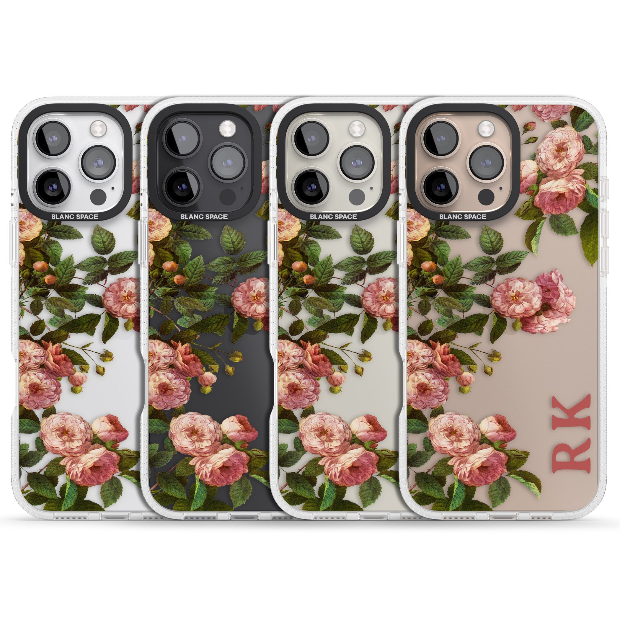 Personalised Clear Vintage Floral Pink Garden Roses iPhone 16 Pro Max / 16 Pro Clear Case Impact Air - Blanc Space