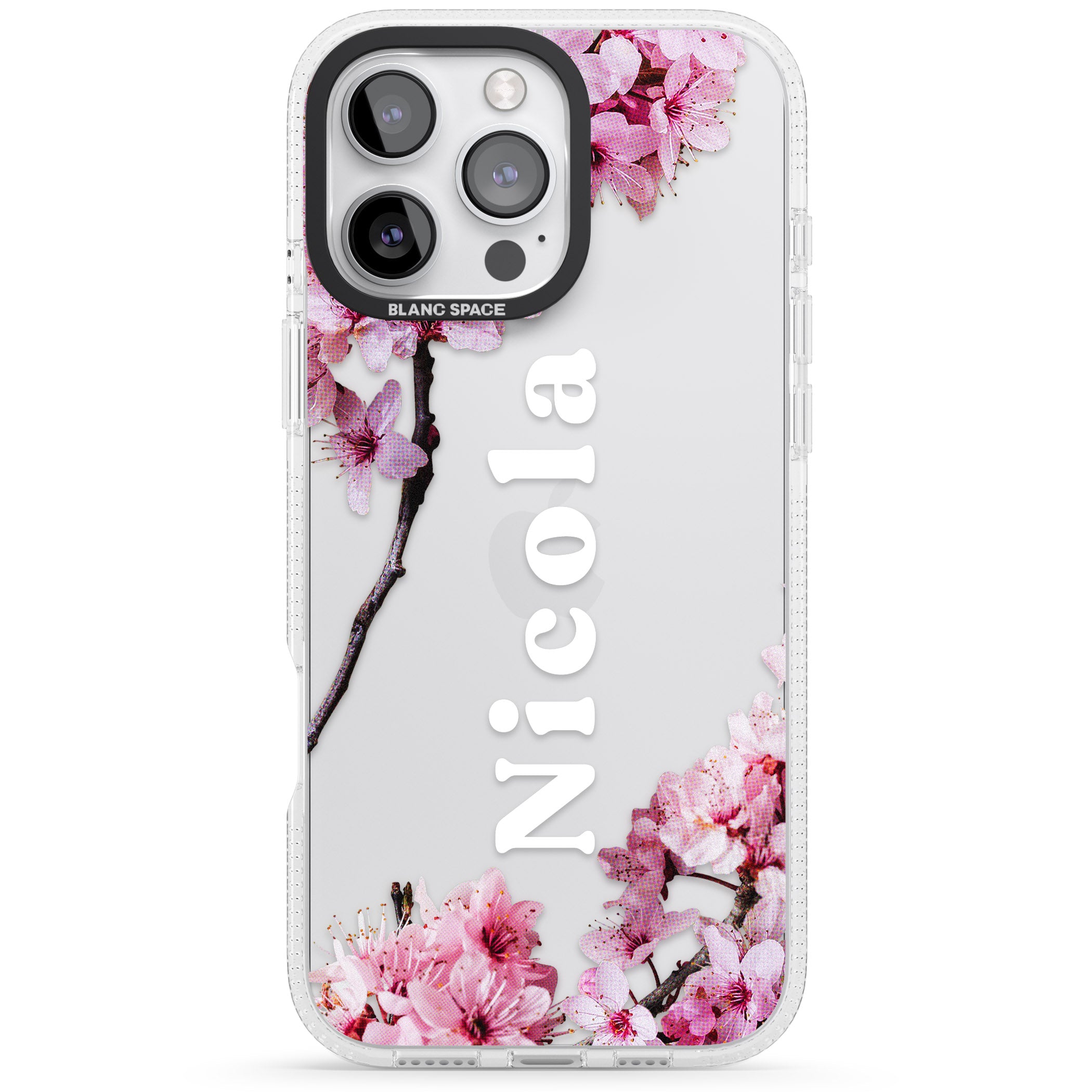 Personalised Cherry Blossoms with Text iPhone 16 Pro Max / 16 Pro Clear Case Impact Air - Blanc Space
