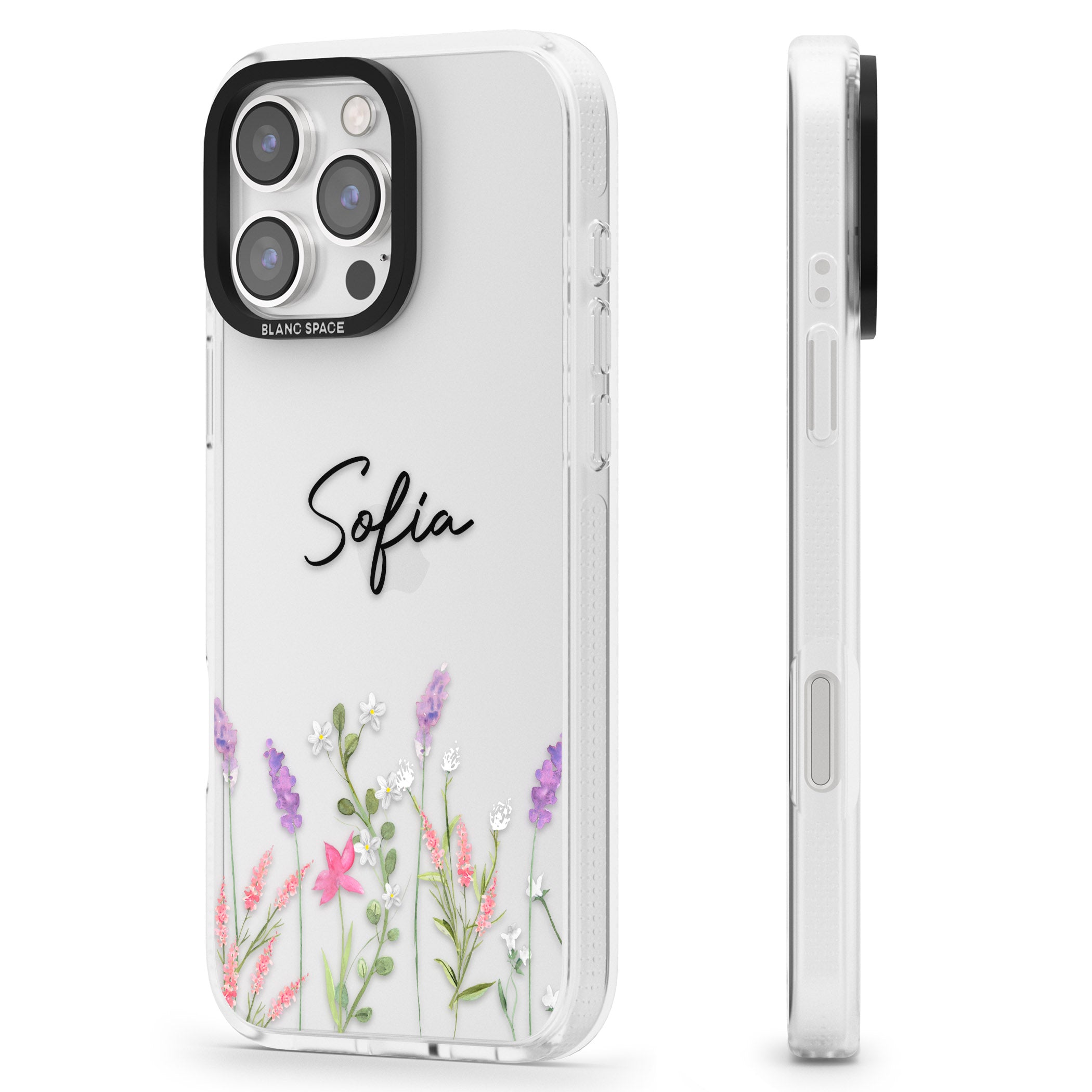 Personalised Lavender Wildflowers iPhone 16 Pro Max / 16 Pro Clear Case Impact Air - Blanc Space