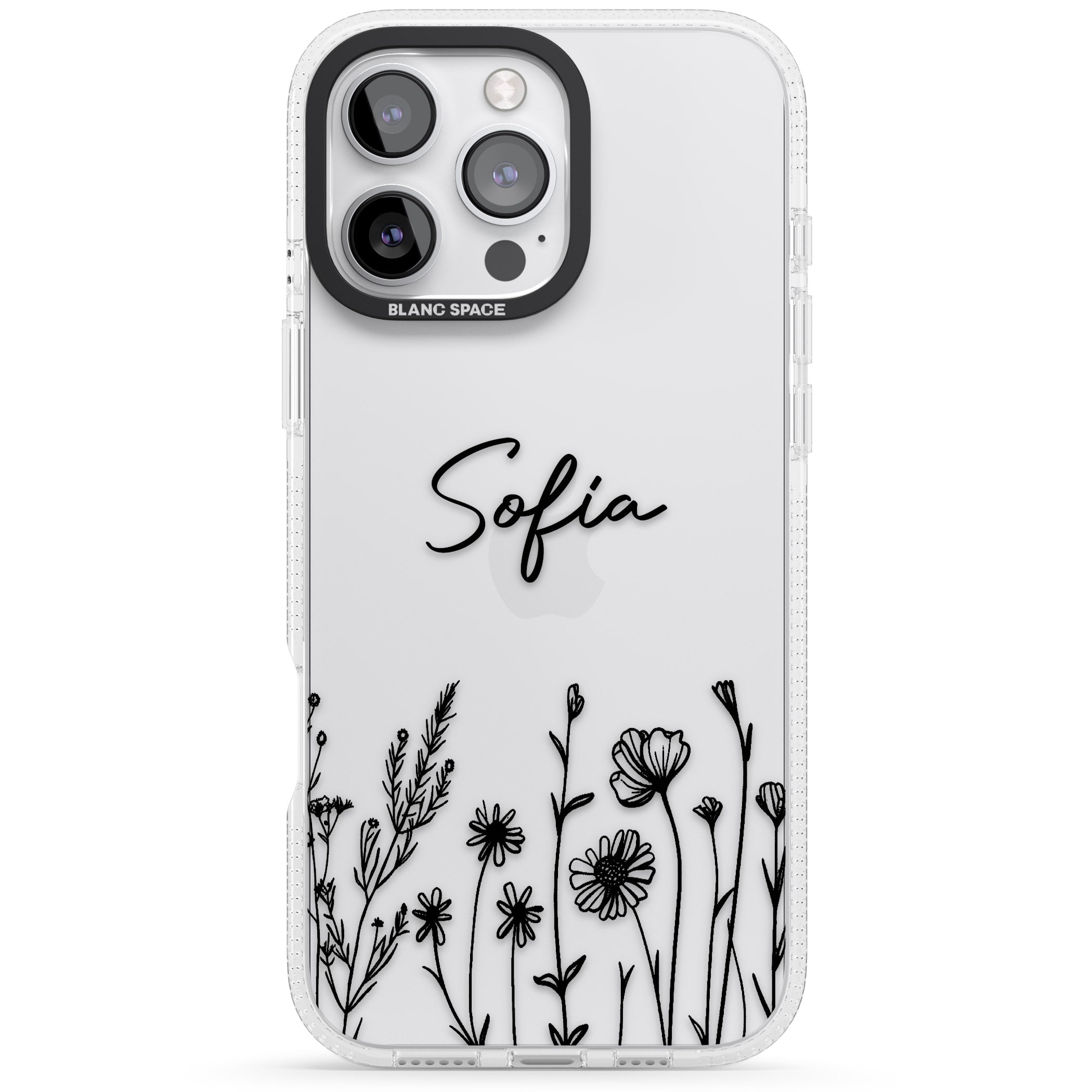 Personalised Black Wildflowers iPhone 16 Pro Max / 16 Pro Clear Case Impact Air - Blanc Space