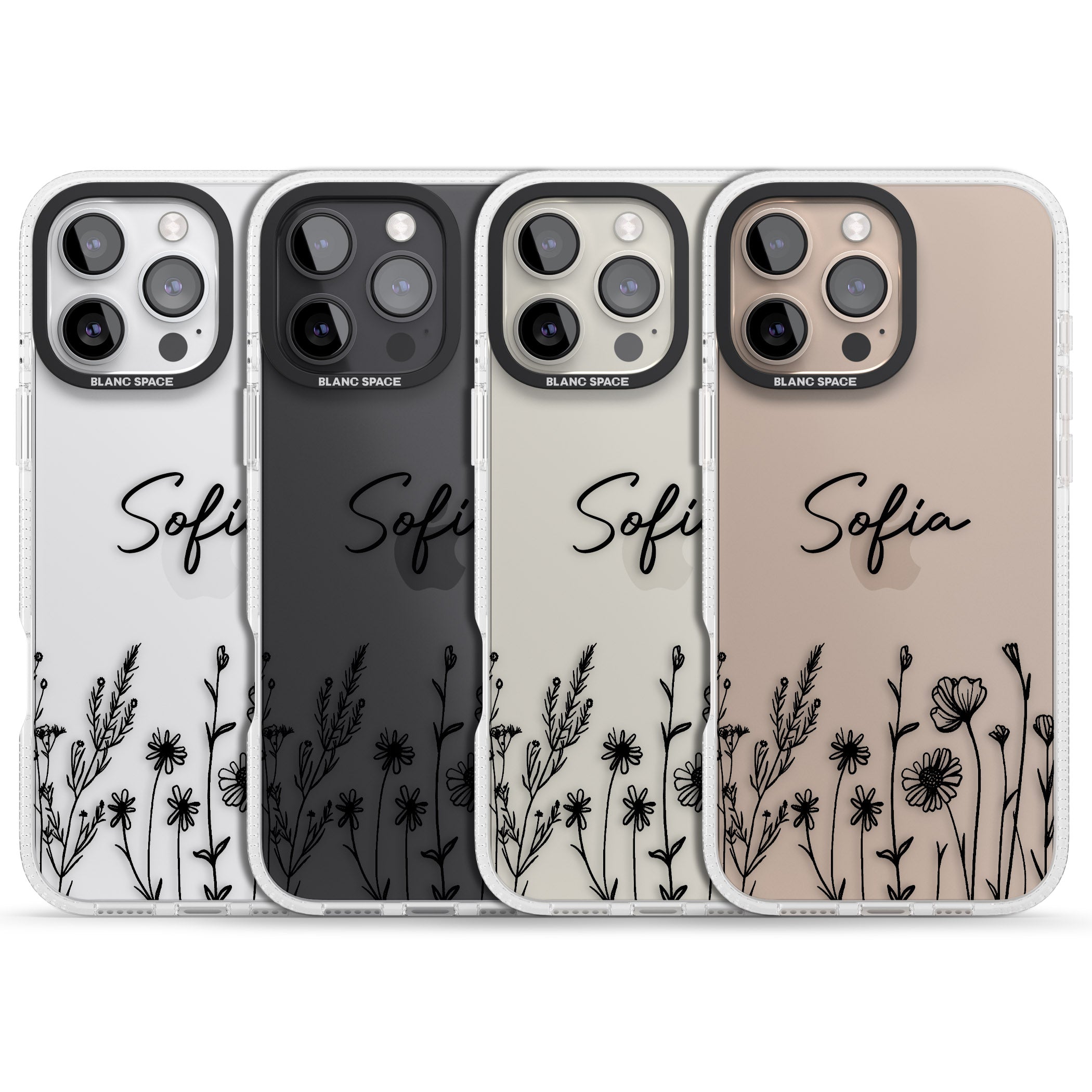 Personalised Black Wildflowers iPhone 16 Pro Max / 16 Pro Clear Case Impact Air - Blanc Space