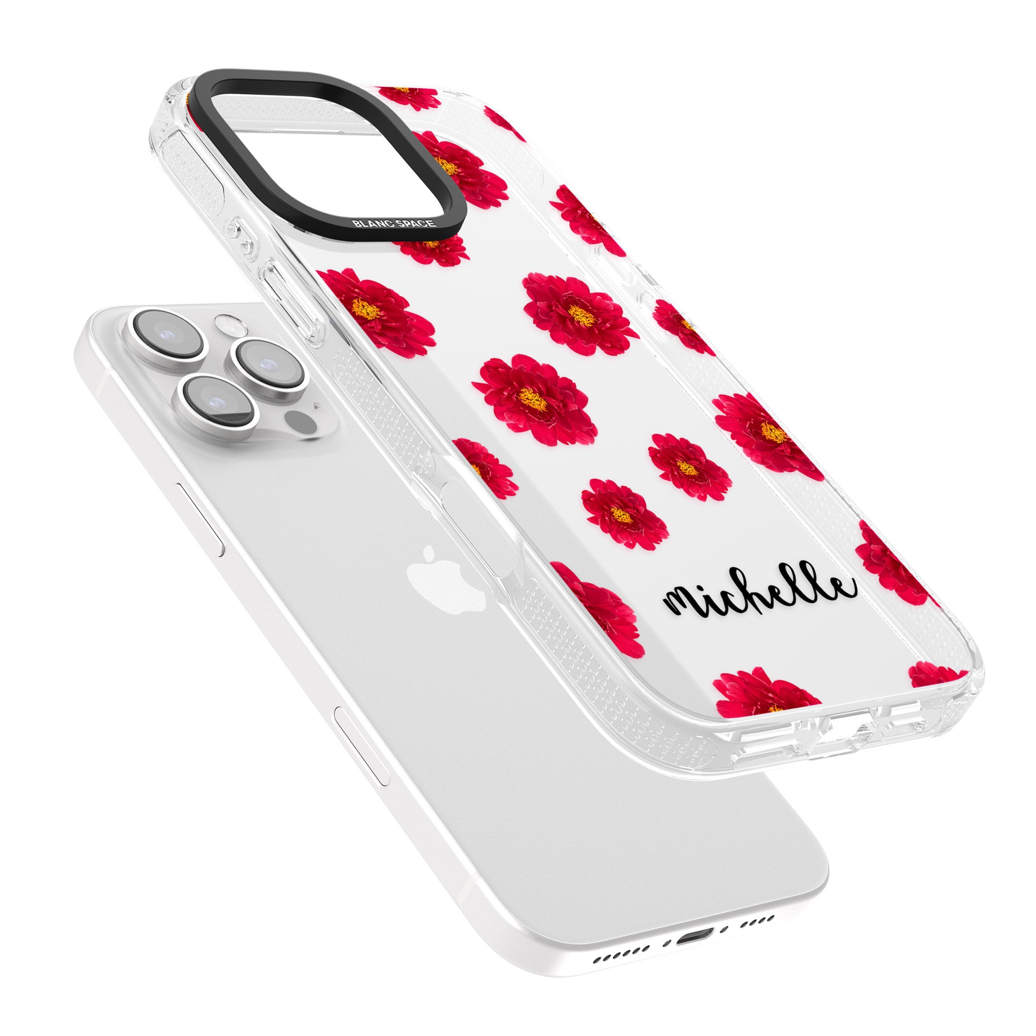 Personalised Red Peonies & Cursive iPhone 16 Pro Max / 16 Pro Clear Case Impact Air - Blanc Space