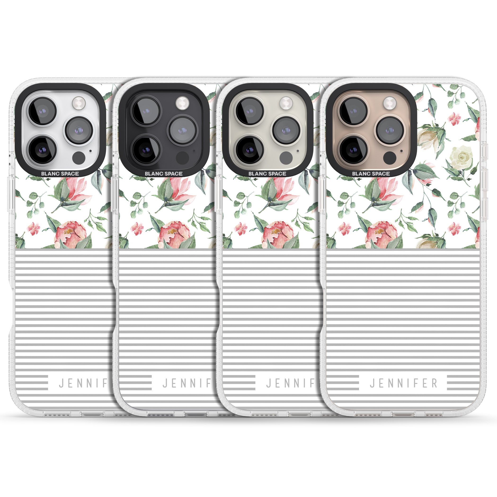 Personalised Light Floral Pattern & Stripes iPhone 16 Pro Max / 16 Pro Clear Case Impact Air - Blanc Space