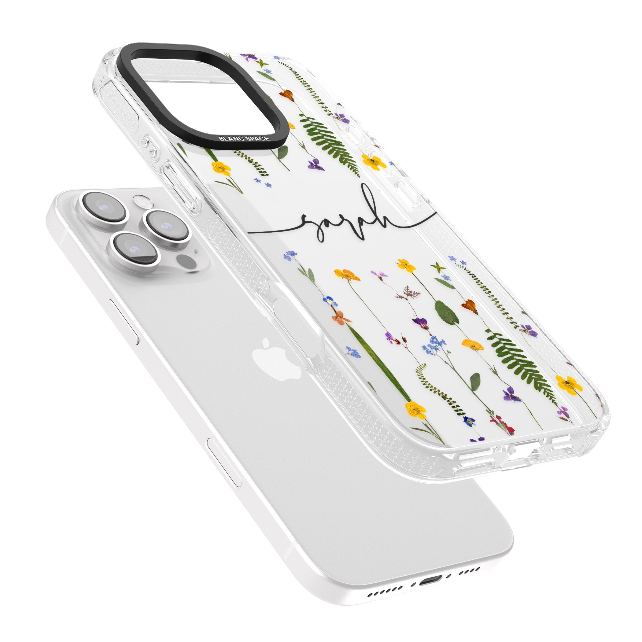 Personalised Wildflower Floral iPhone 16 Pro Max / 16 Pro Clear Case Impact Air - Blanc Space
