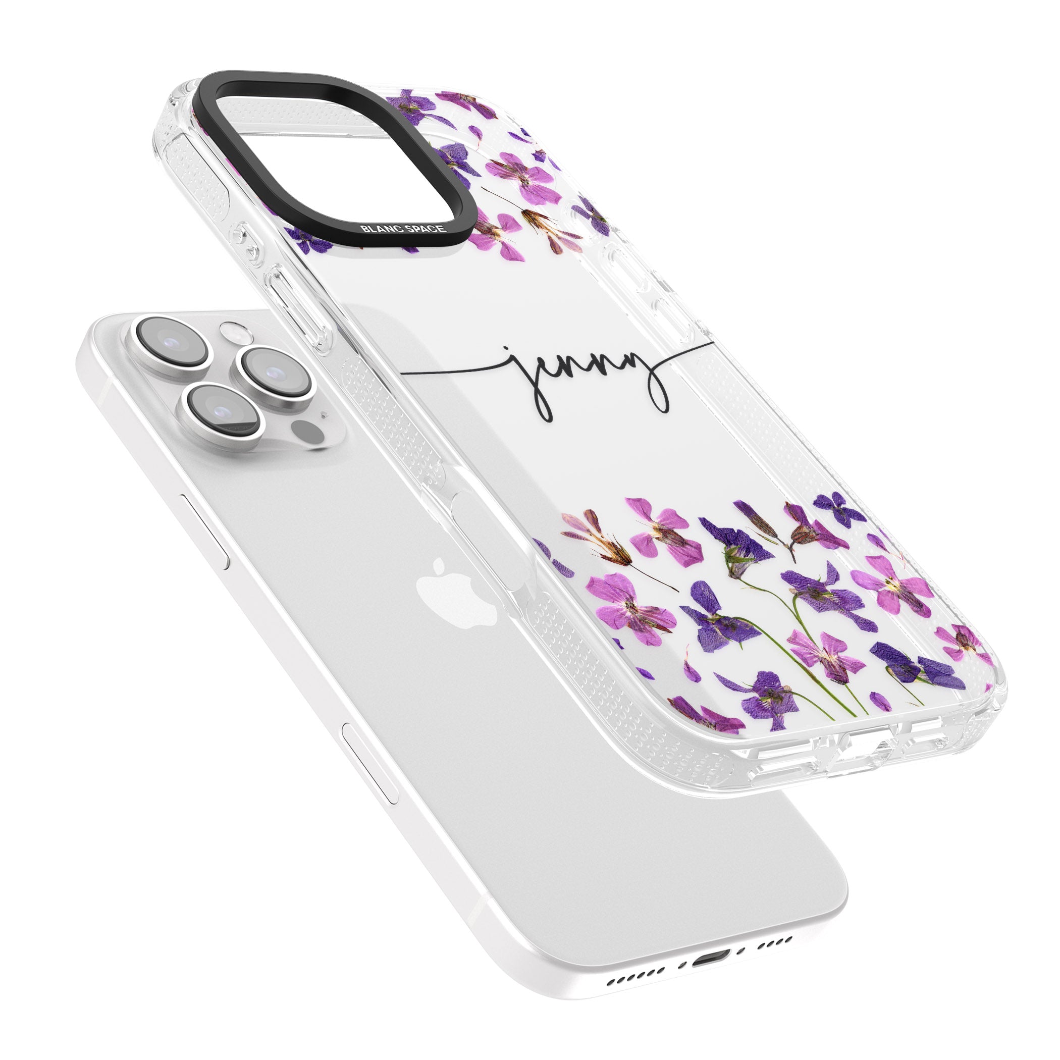 Personalised Purple Violets iPhone 16 Pro Max / 16 Pro Clear Case Impact Air - Blanc Space