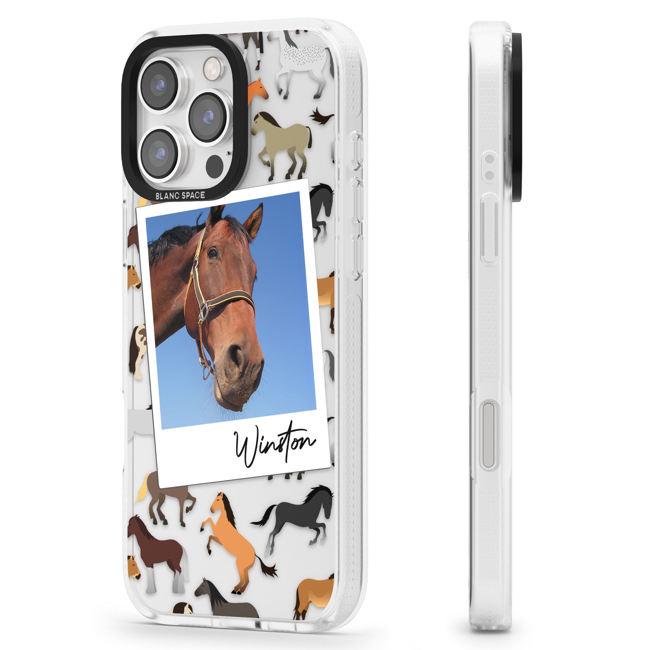 Personalised Horse Polaroid iPhone 16 Pro Max / 16 Pro Clear Case Impact Air - Blanc Space