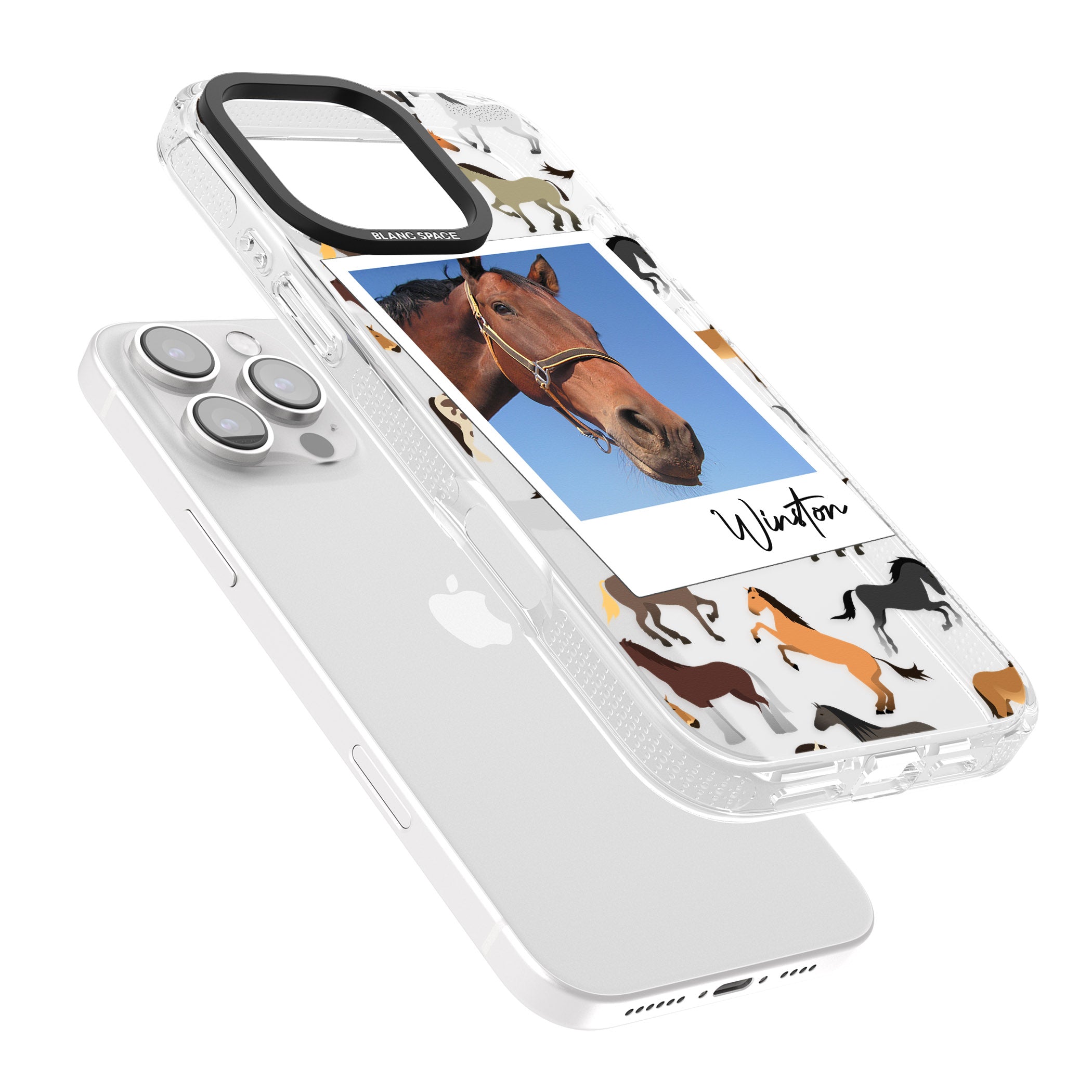 Personalised Horse Polaroid iPhone 16 Pro Max / 16 Pro Clear Case Impact Air - Blanc Space
