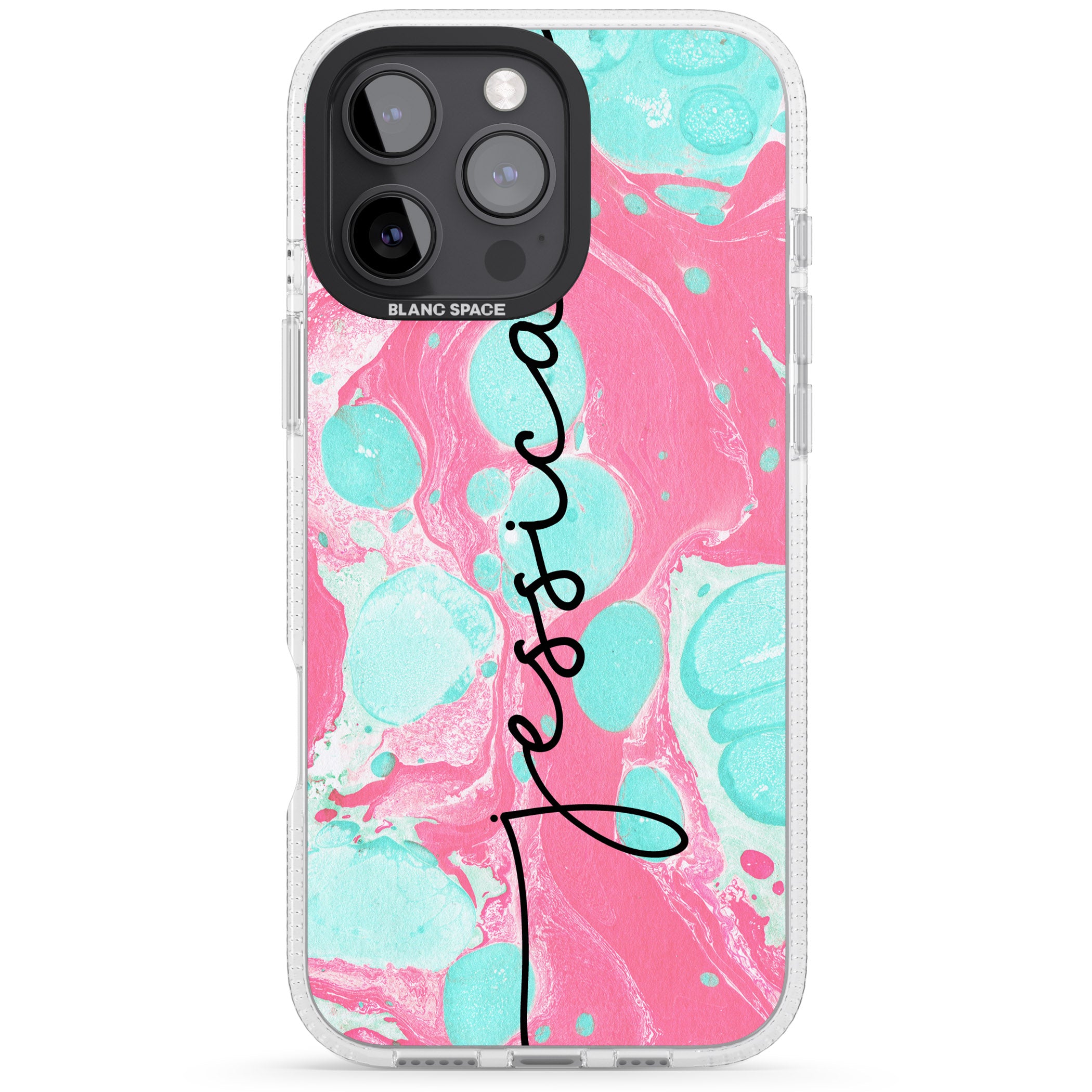 Personalised Turquoise & Pink - Marbled iPhone 16 Pro Max / 16 Pro Clear Case Impact Air - Blanc Space