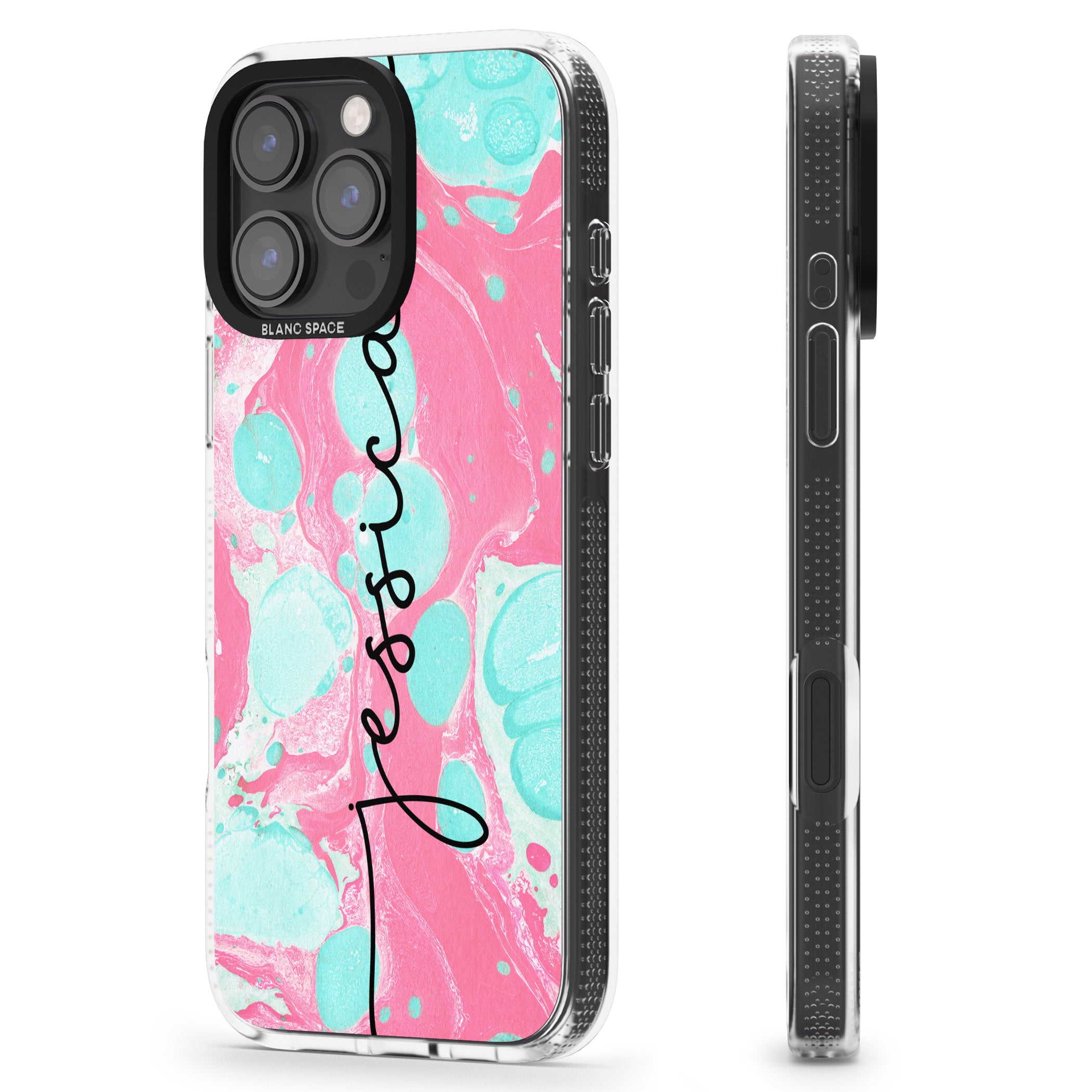 Personalised Turquoise & Pink - Marbled iPhone 16 Pro Max / 16 Pro Clear Case Impact Air - Blanc Space