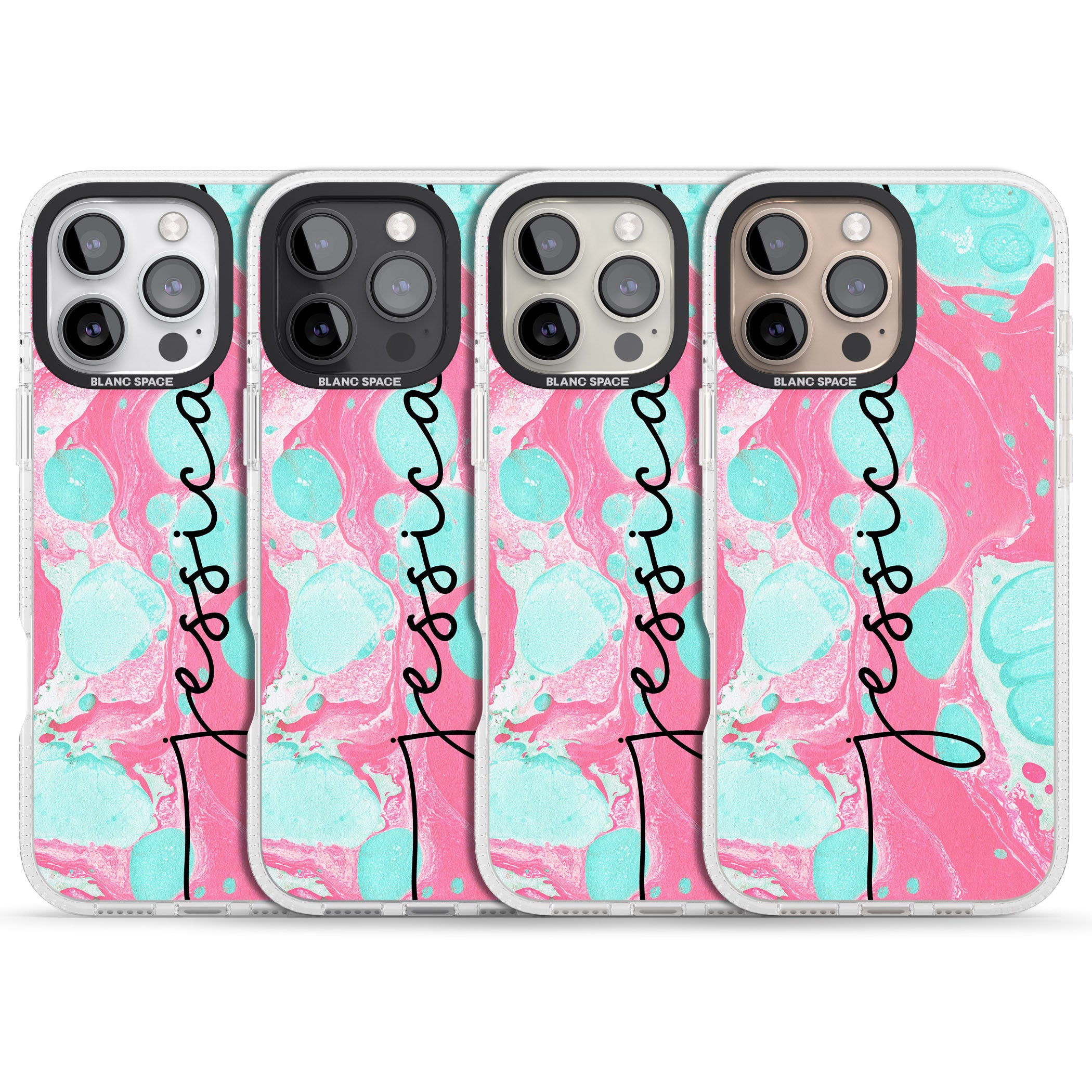 Personalised Turquoise & Pink - Marbled iPhone 16 Pro Max / 16 Pro Clear Case Impact Air - Blanc Space