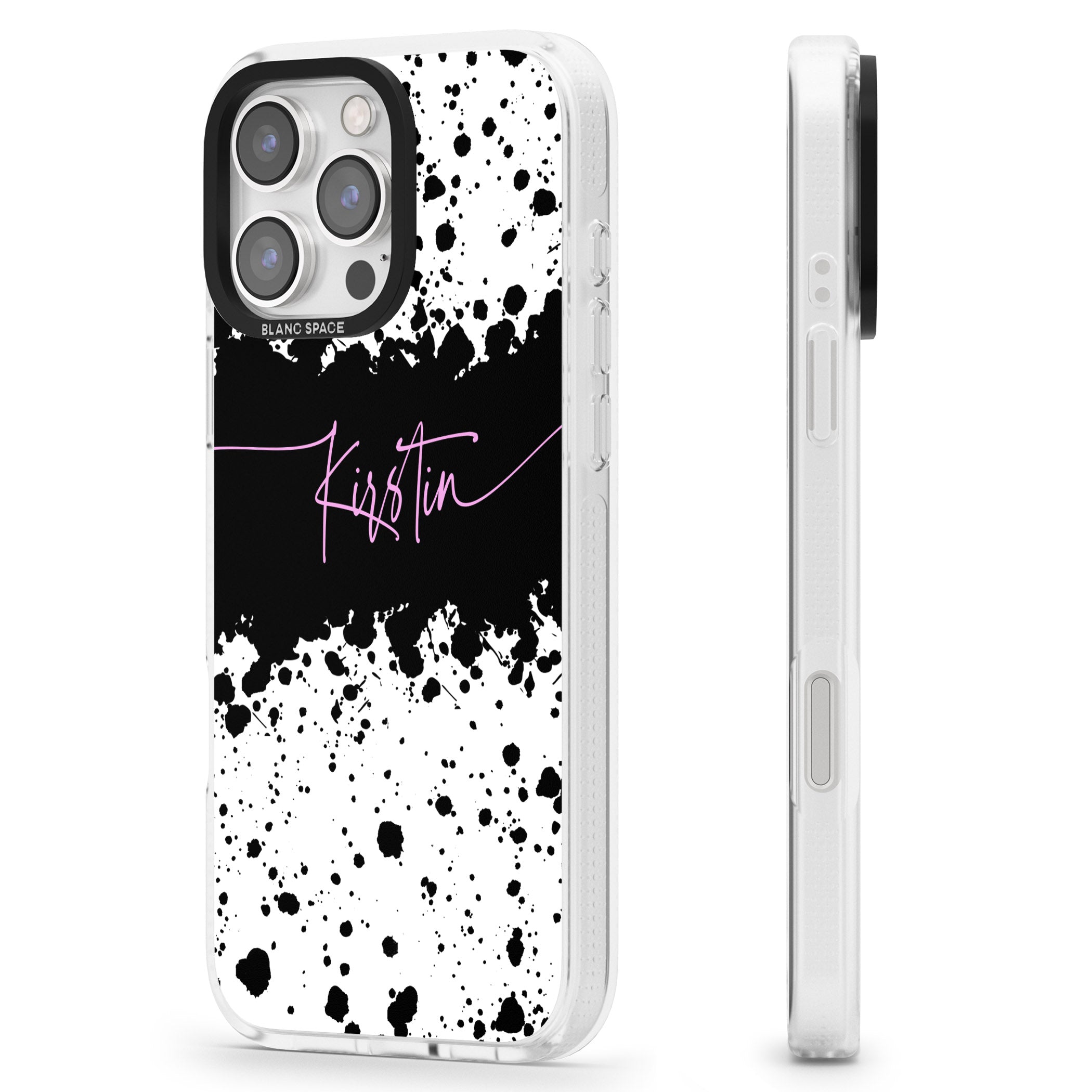 Personalised Black & White Paint Splatters iPhone 16 Pro Max / 16 Pro Clear Case Impact Air - Blanc Space