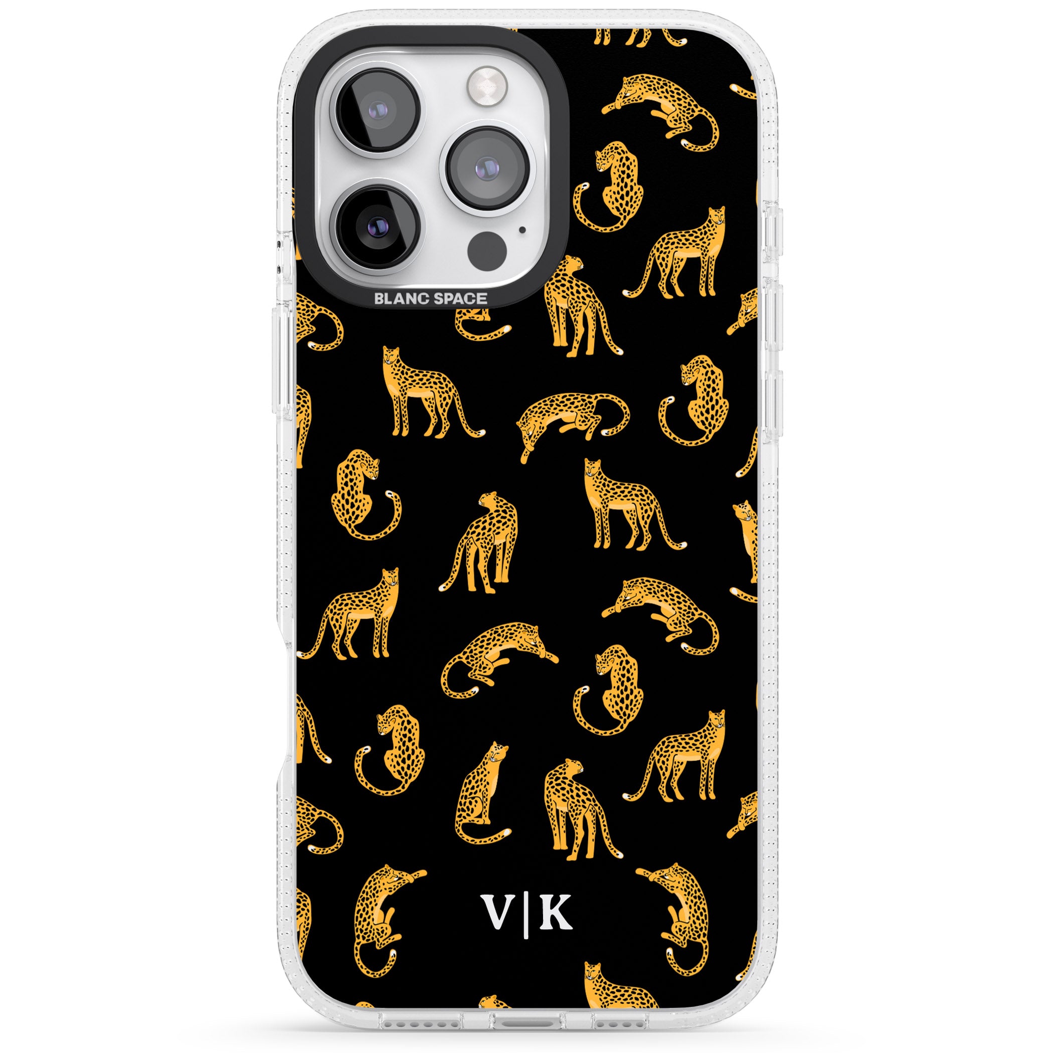 Personalised Cheetah Pattern: Black iPhone 16 Pro Max / 16 Pro Clear Case Impact Air - Blanc Space