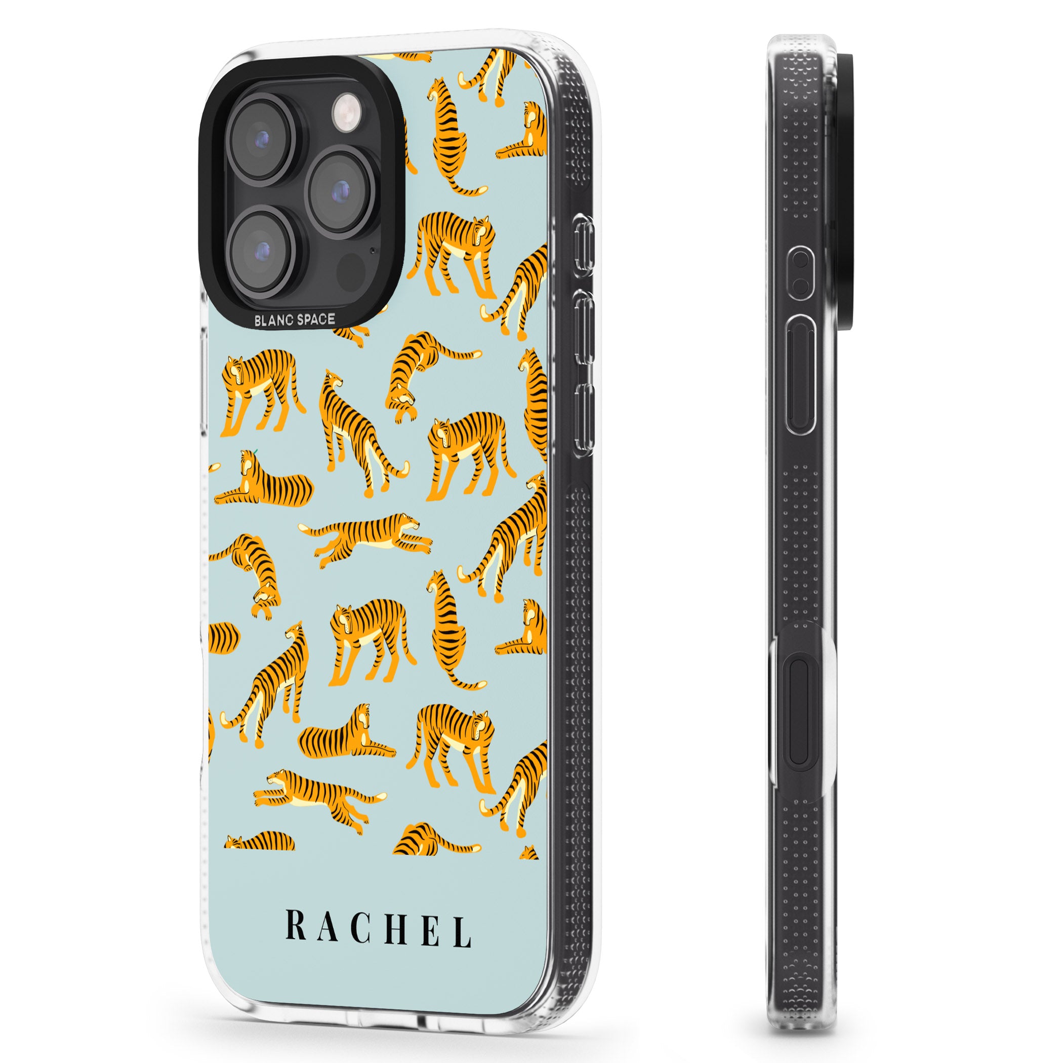 Personalised Tiger Pattern: Turquoise Blue iPhone 16 Pro Max / 16 Pro Clear Case Impact Air - Blanc Space