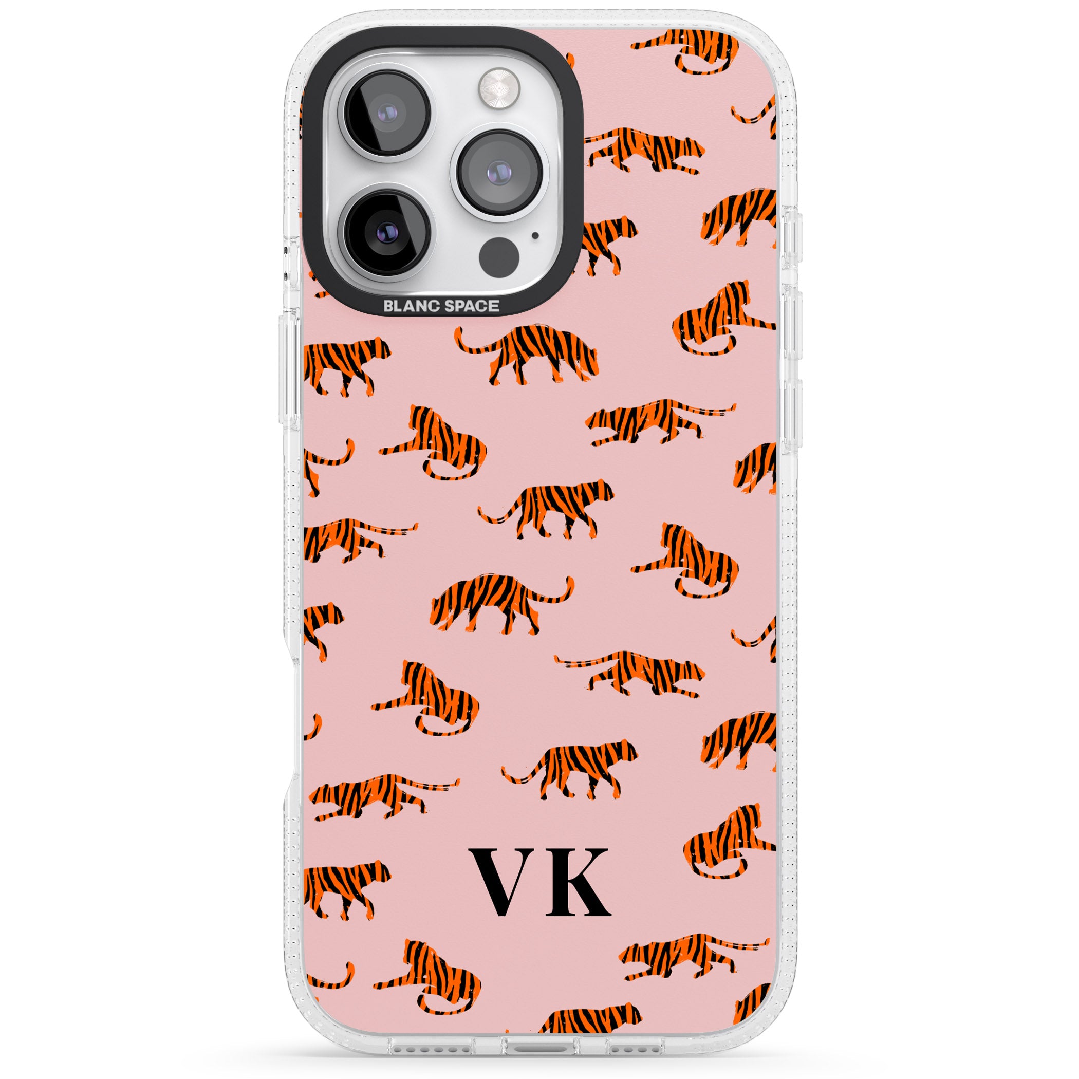 Personalised Safari Tiger Pattern on Pink iPhone 16 Pro Max / 16 Pro Clear Case Impact Air - Blanc Space