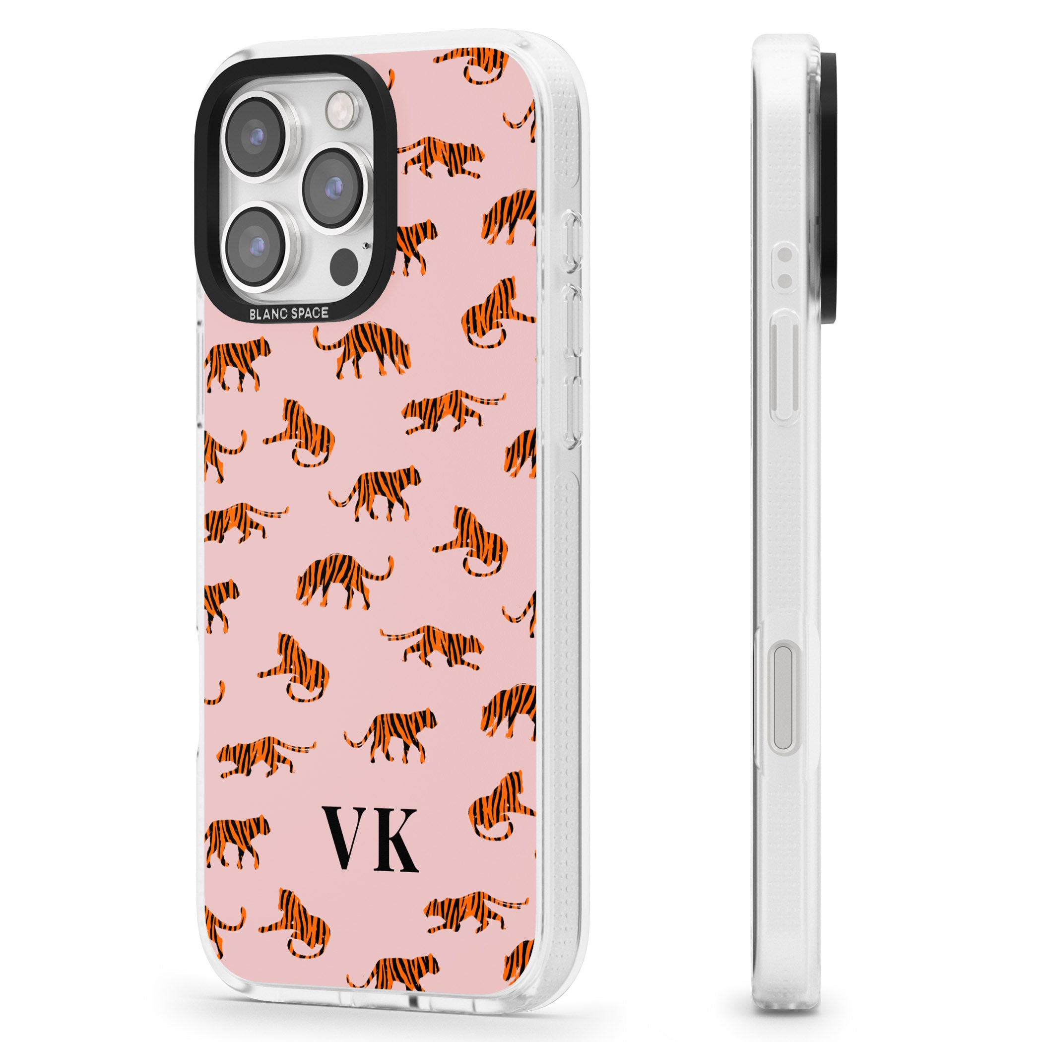 Personalised Safari Tiger Pattern on Pink iPhone 16 Pro Max / 16 Pro Clear Case Impact Air - Blanc Space