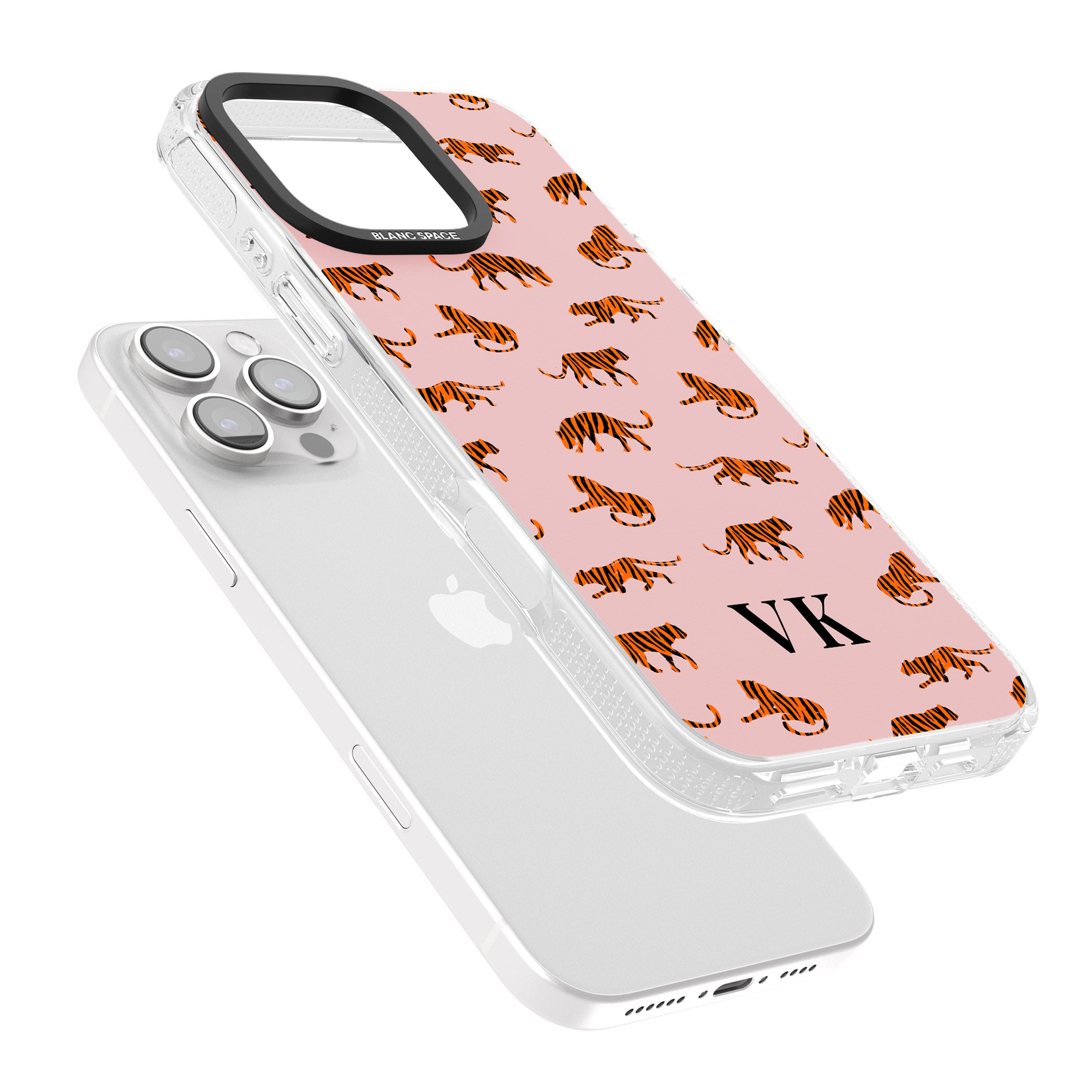 Personalised Safari Tiger Pattern on Pink iPhone 16 Pro Max / 16 Pro Clear Case Impact Air - Blanc Space