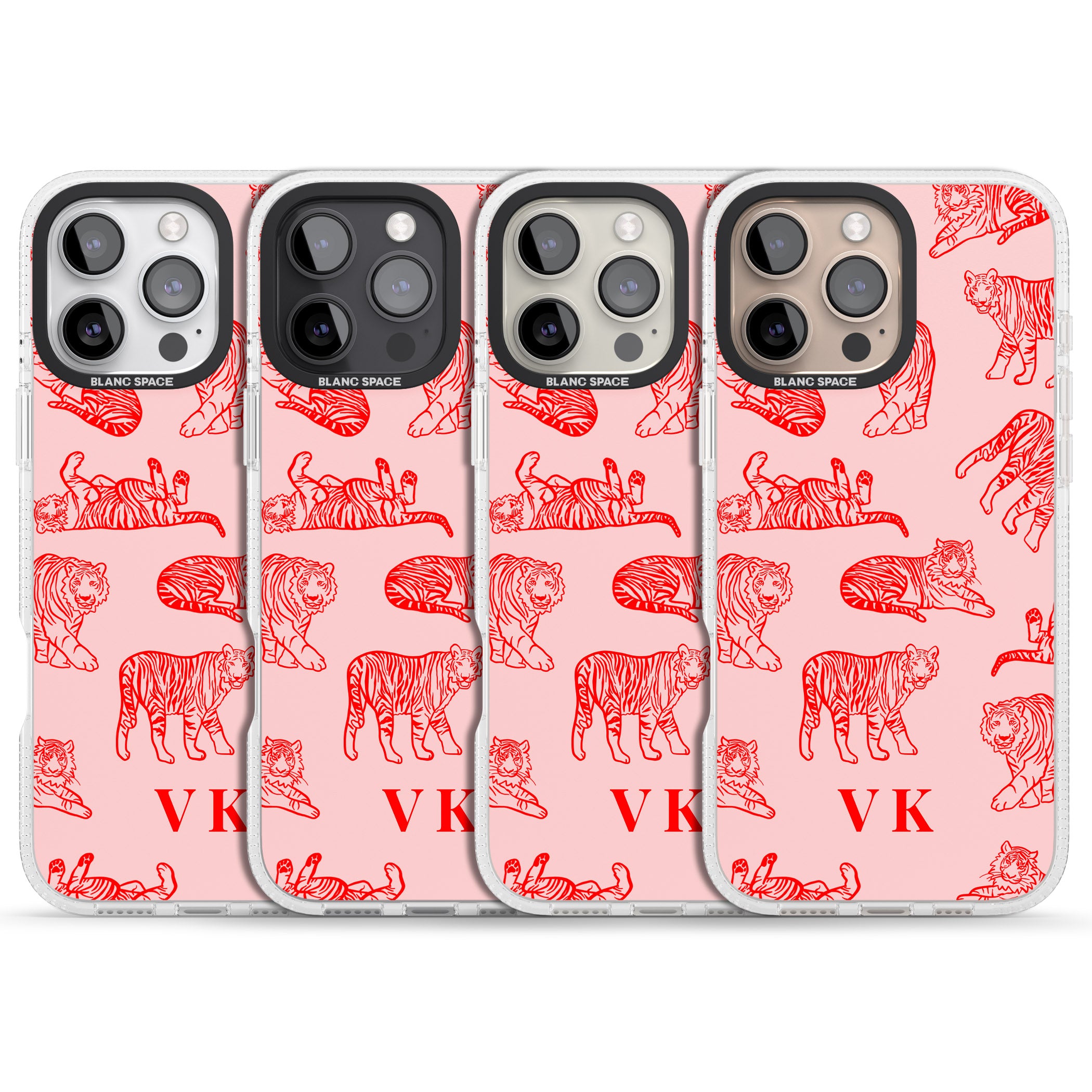 Personalised Red Tiger Outlines on Pink iPhone 16 Pro Max / 16 Pro Clear Case Impact Air - Blanc Space