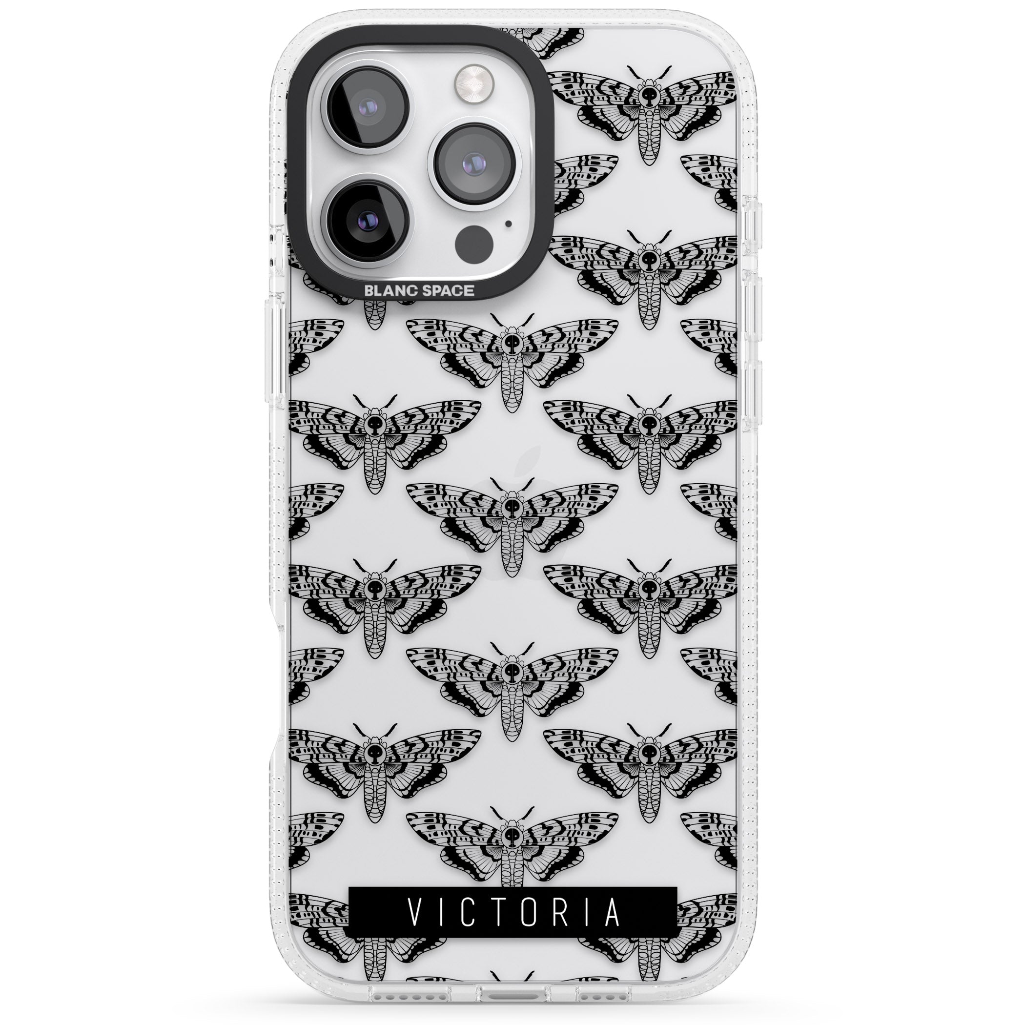 Personalised Hawk Moth Pattern iPhone 16 Pro Max / 16 Pro Clear Case Impact Air - Blanc Space