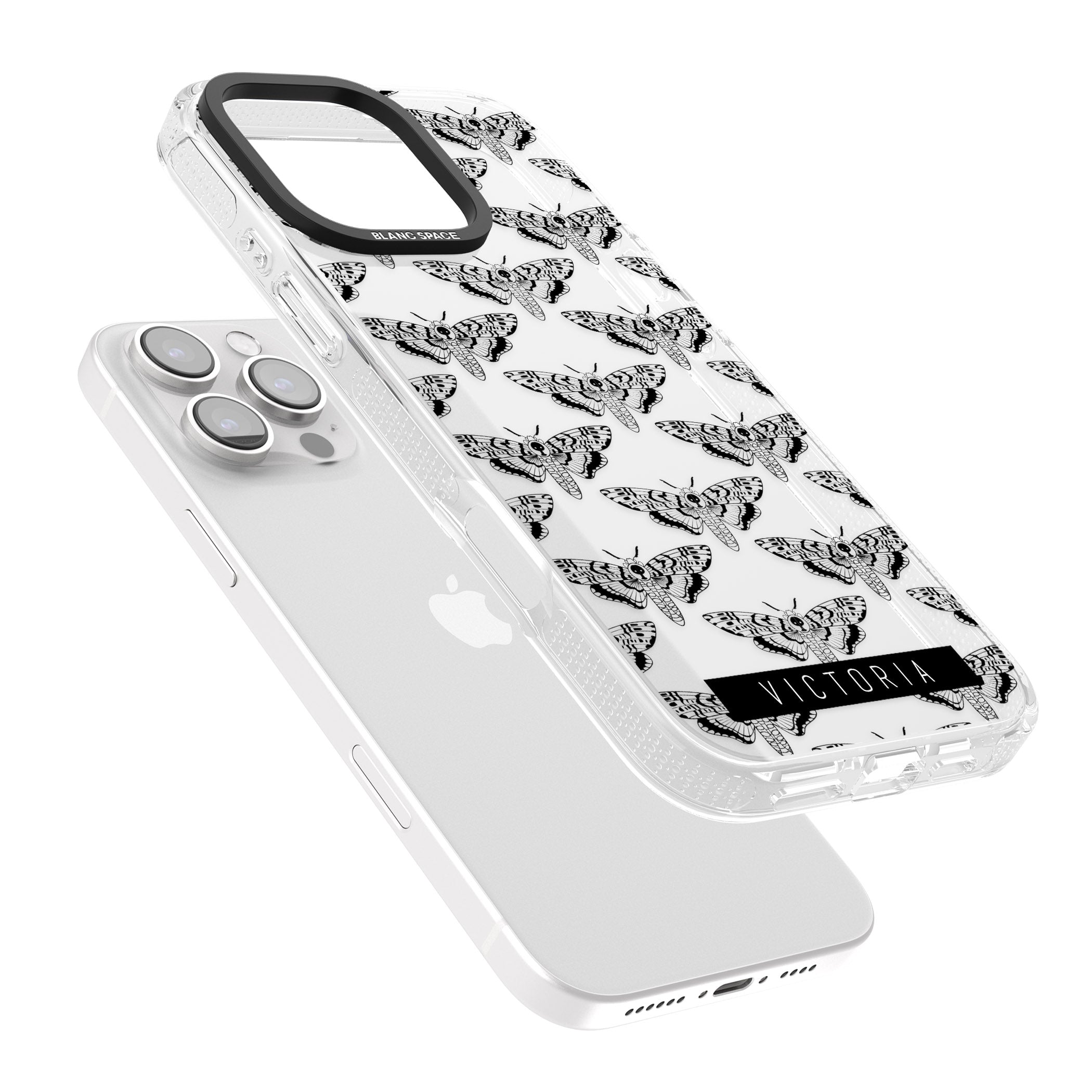 Personalised Hawk Moth Pattern iPhone 16 Pro Max / 16 Pro Clear Case Impact Air - Blanc Space