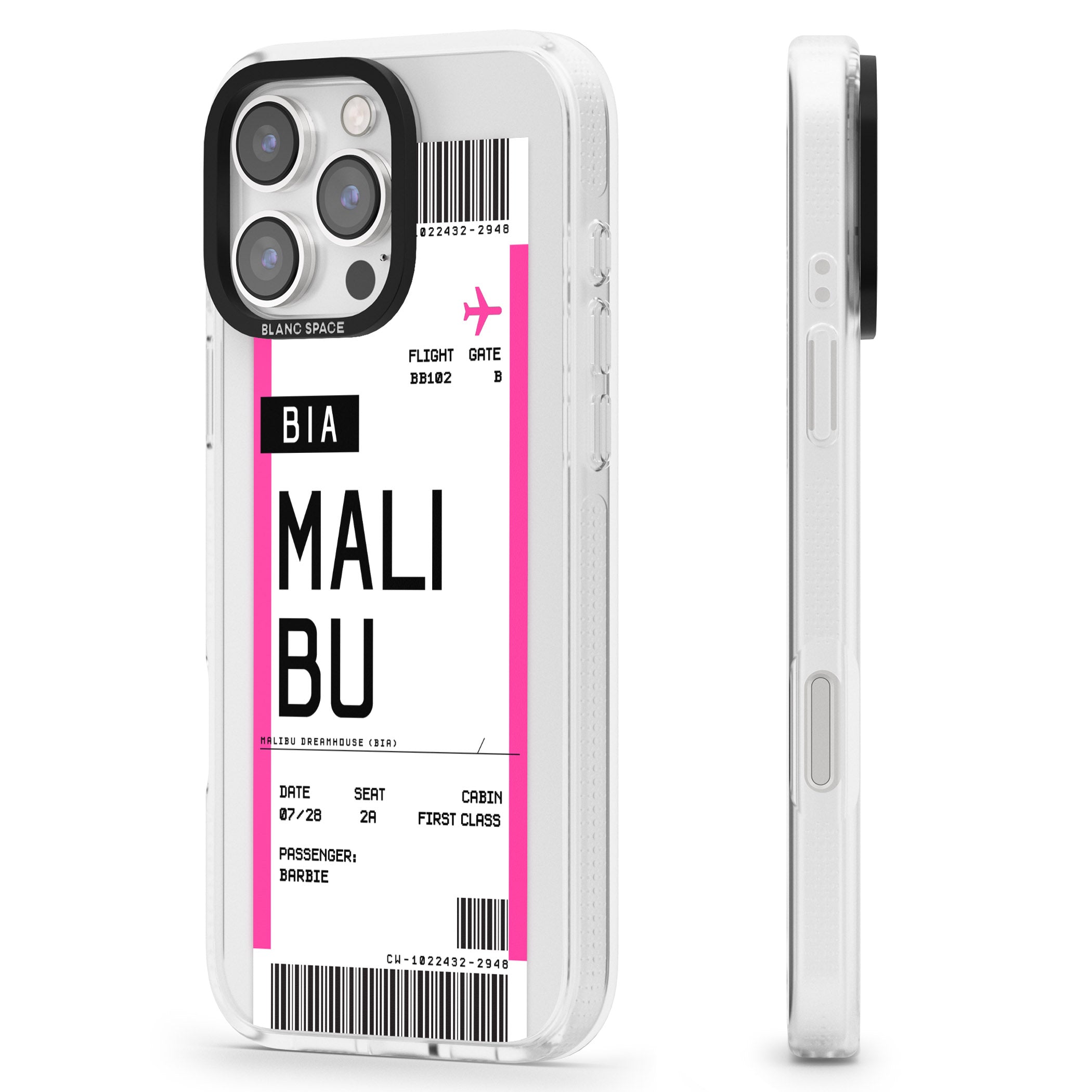 Personalised Pink Malibu Boarding Pass iPhone 16 Pro Max / 16 Pro Clear Case Impact Air - Blanc Space