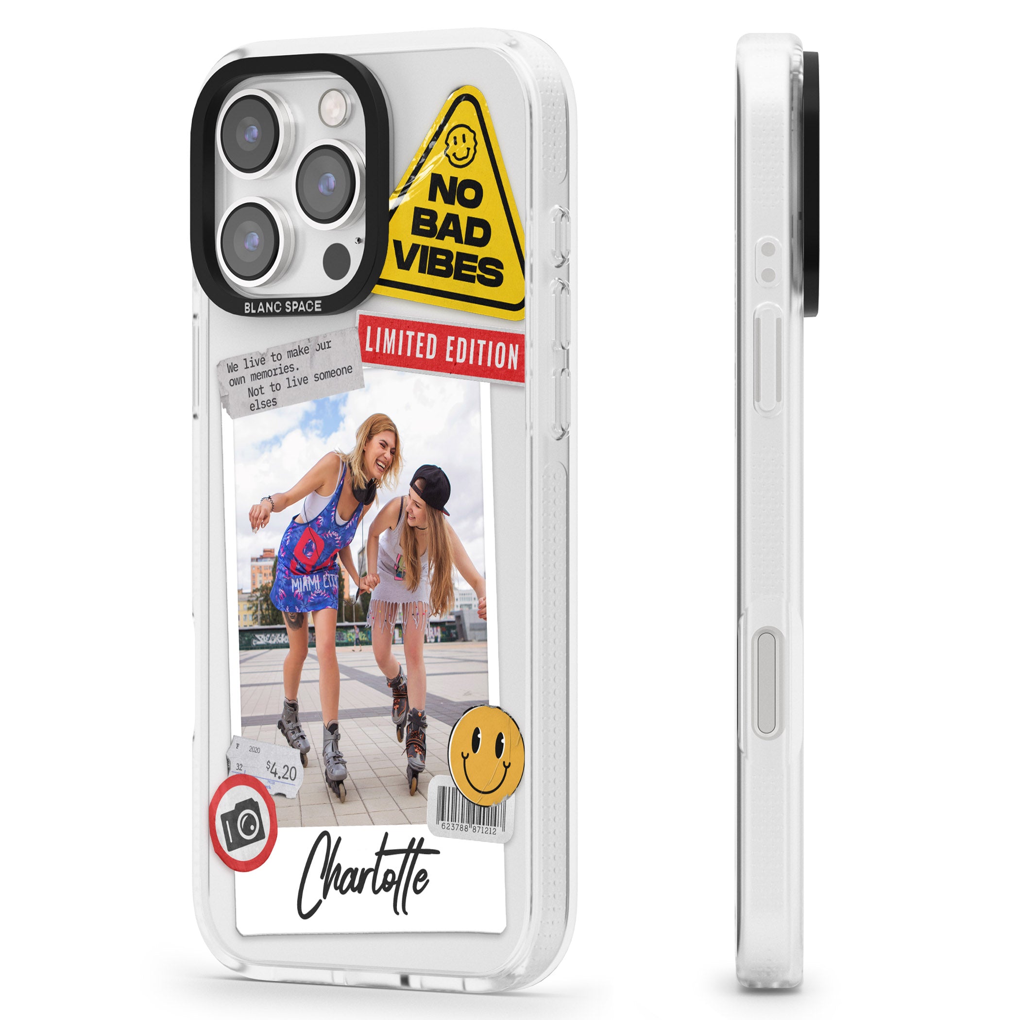 Personalised Sticker Mix Instant Photo iPhone 16 Pro Max / 16 Pro Clear Case Impact Air - Blanc Space