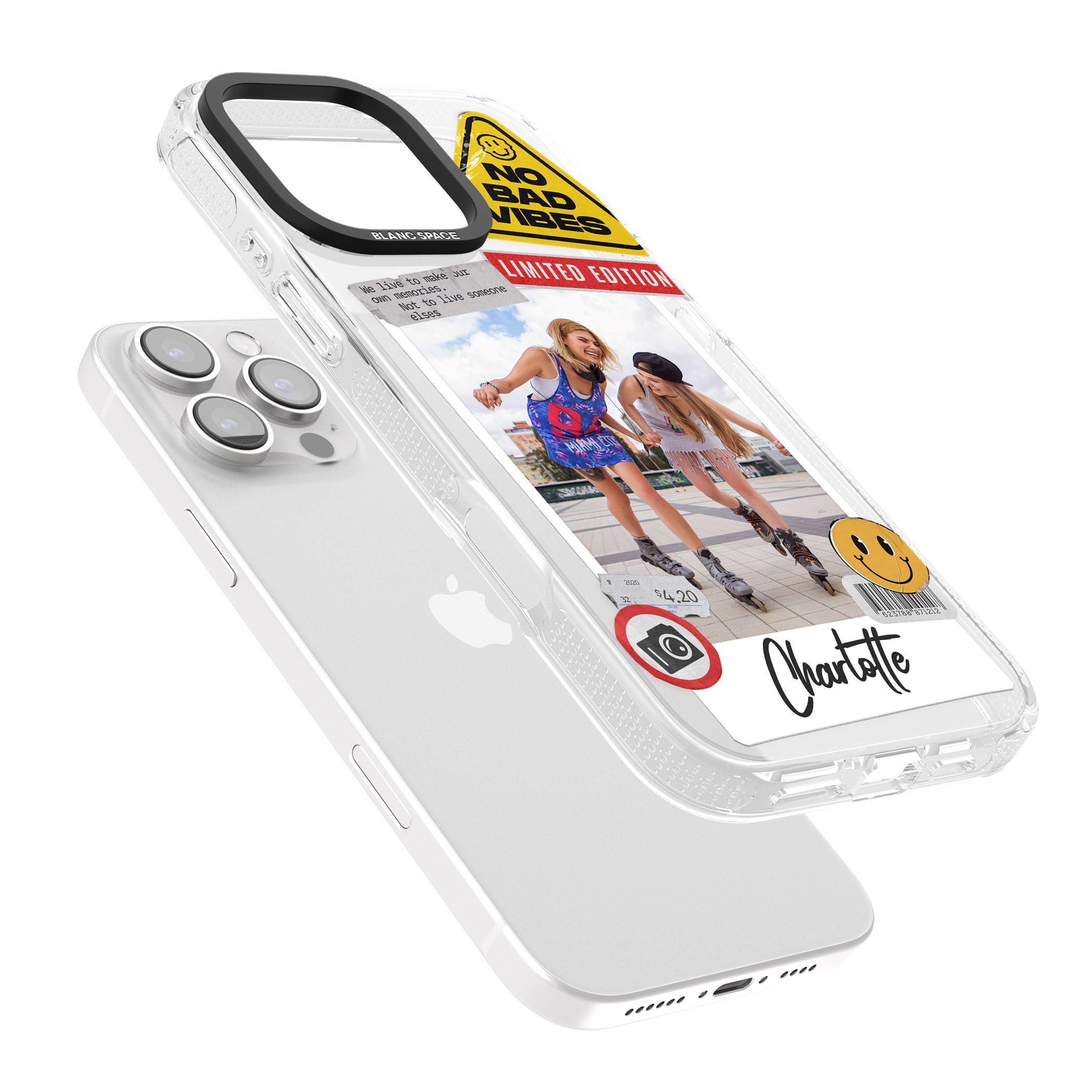 Personalised Sticker Mix Instant Photo iPhone 16 Pro Max / 16 Pro Clear Case Impact Air - Blanc Space