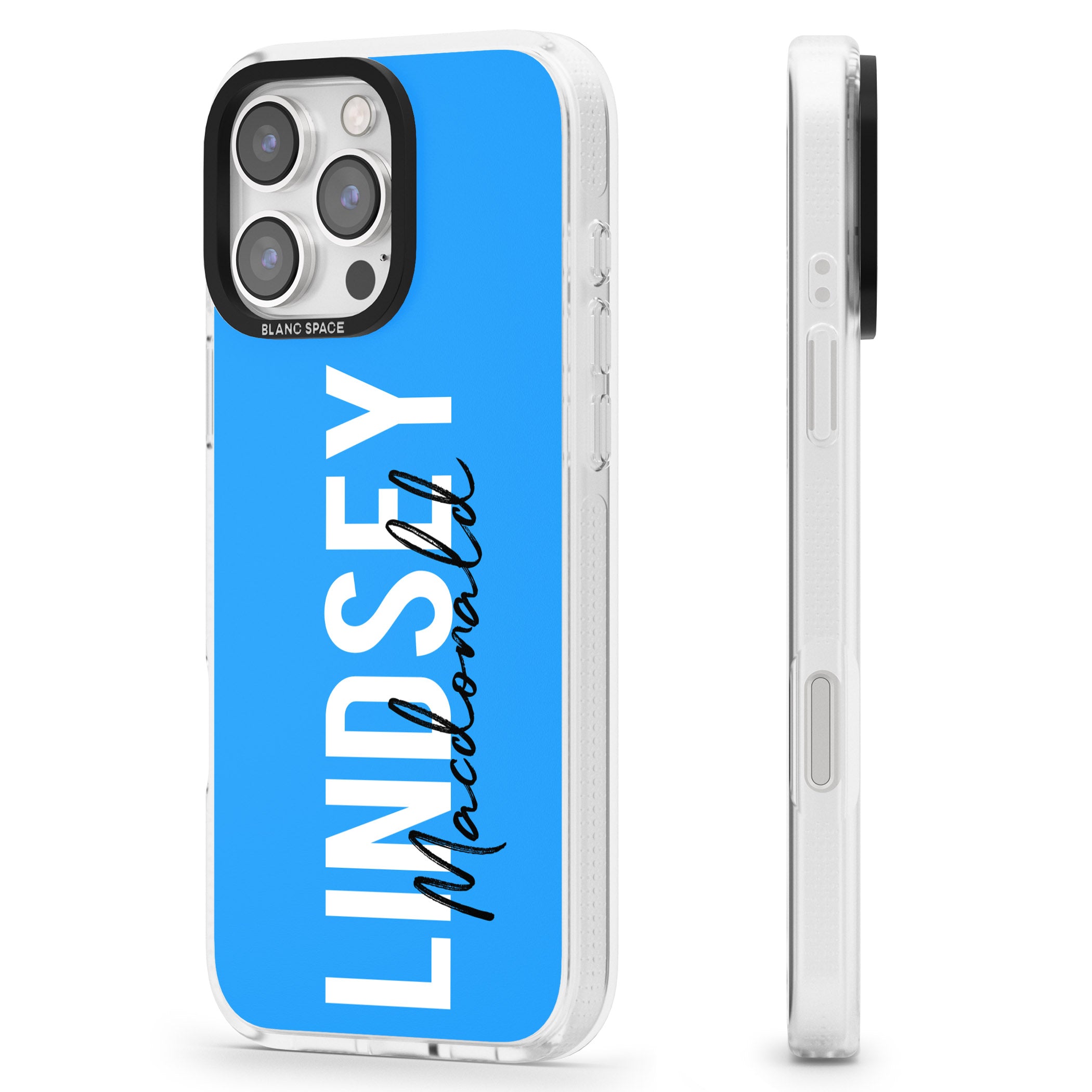 Personalised Bold Name: Blue iPhone 16 Pro Max / 16 Pro Clear Case Impact Air - Blanc Space
