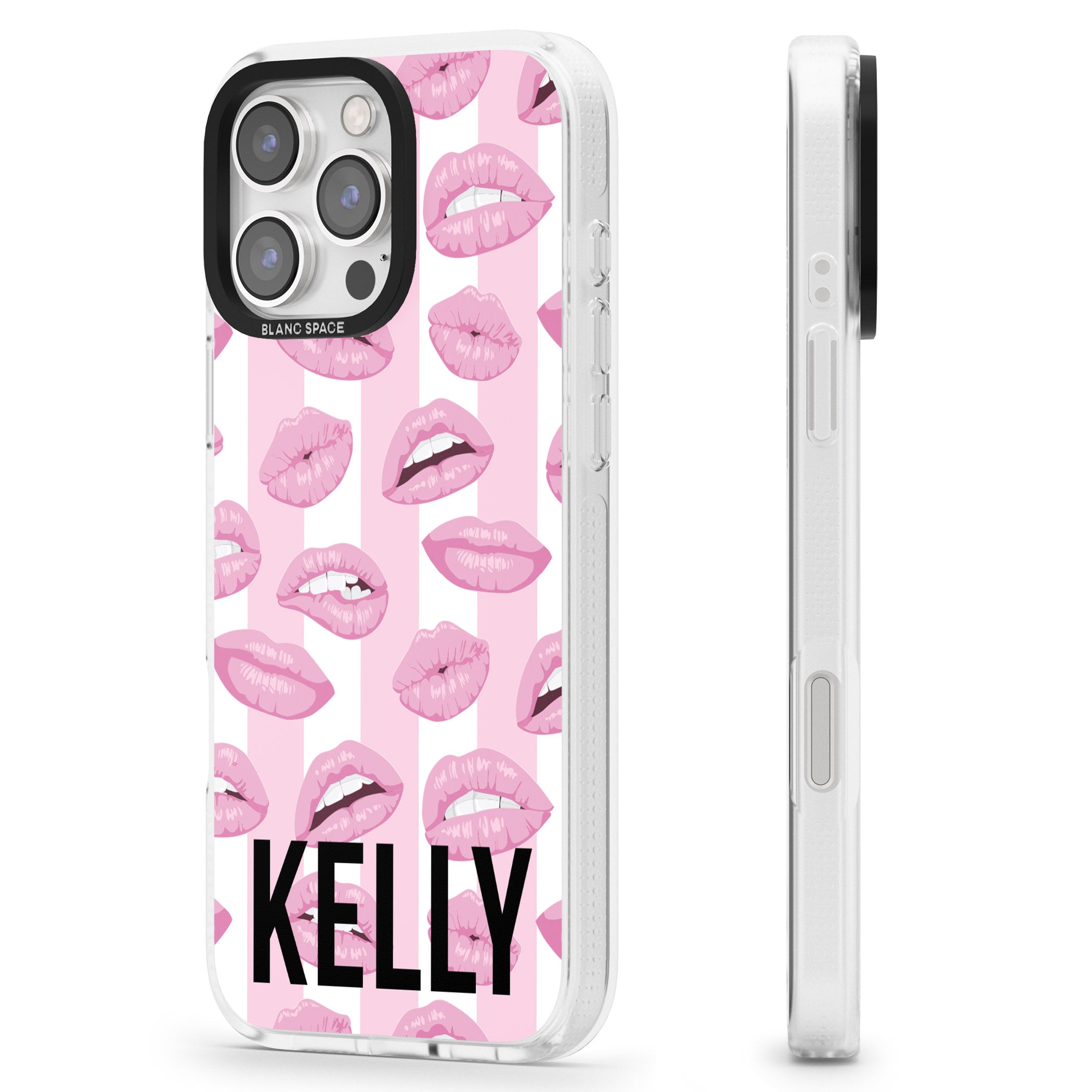 Personalised Pink Stripes & Lips iPhone 16 Pro Max / 16 Pro Clear Case Impact Air - Blanc Space