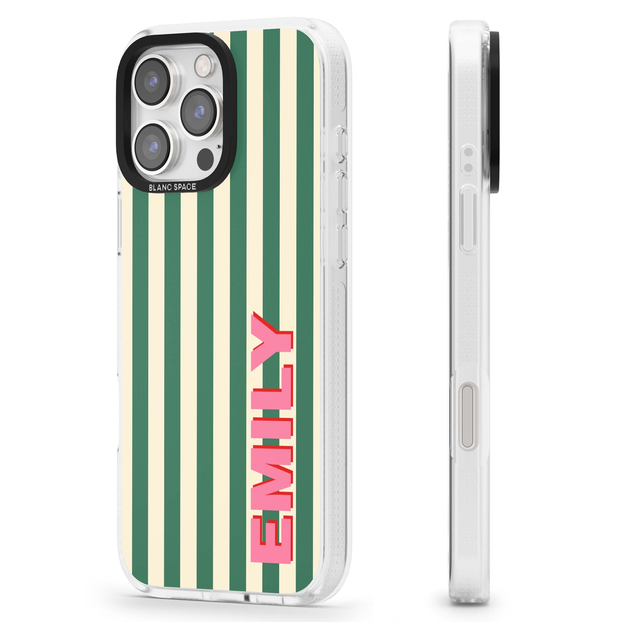 Wimbledon Stripe preppy iPhone case featuring green and cream vertical stripes with a personalised pink name | Clear Case Impact Air case for iPhone 16 Pro, iPhone 16 Pro Max