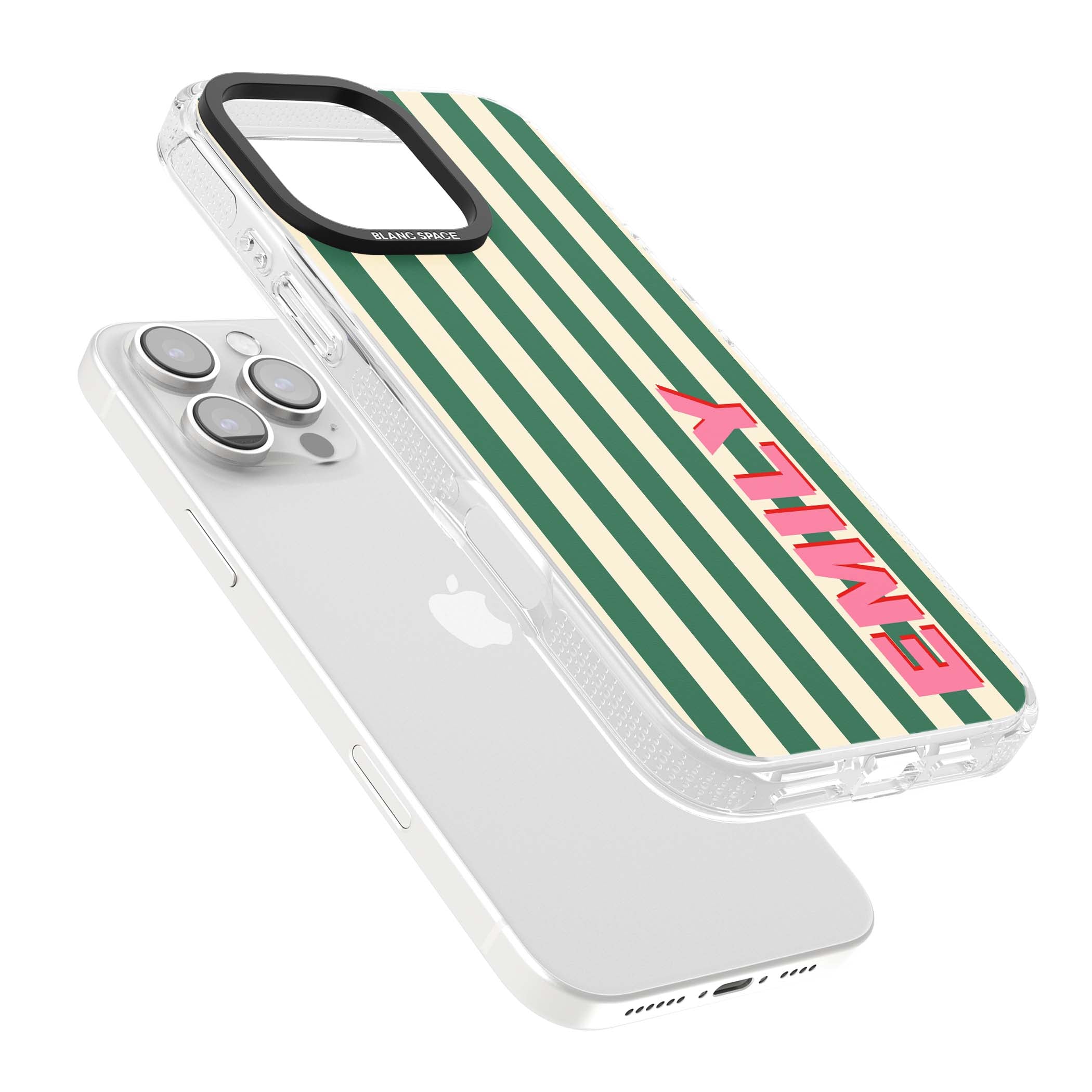 Wimbledon Stripe preppy iPhone case featuring green and cream vertical stripes with a personalised pink name | Clear Case Impact Air case for iPhone 16 Pro, iPhone 16 Pro Max