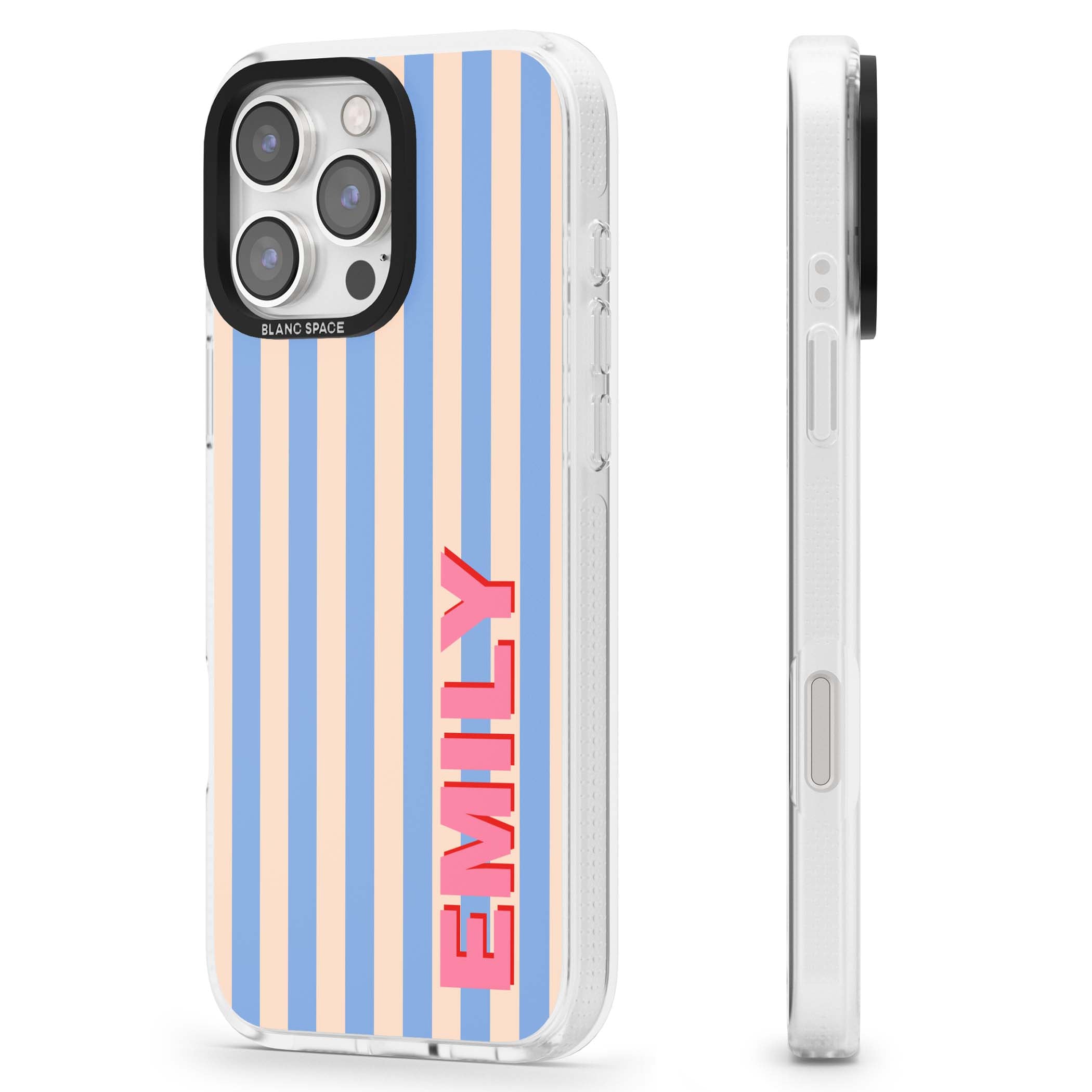Coastal Stripe personalised coastal iPhone case with blue and peach vertical stripes and custom pink name | Clear Case Impact Air case for iPhone 16 Pro, iPhone 16 Pro Max