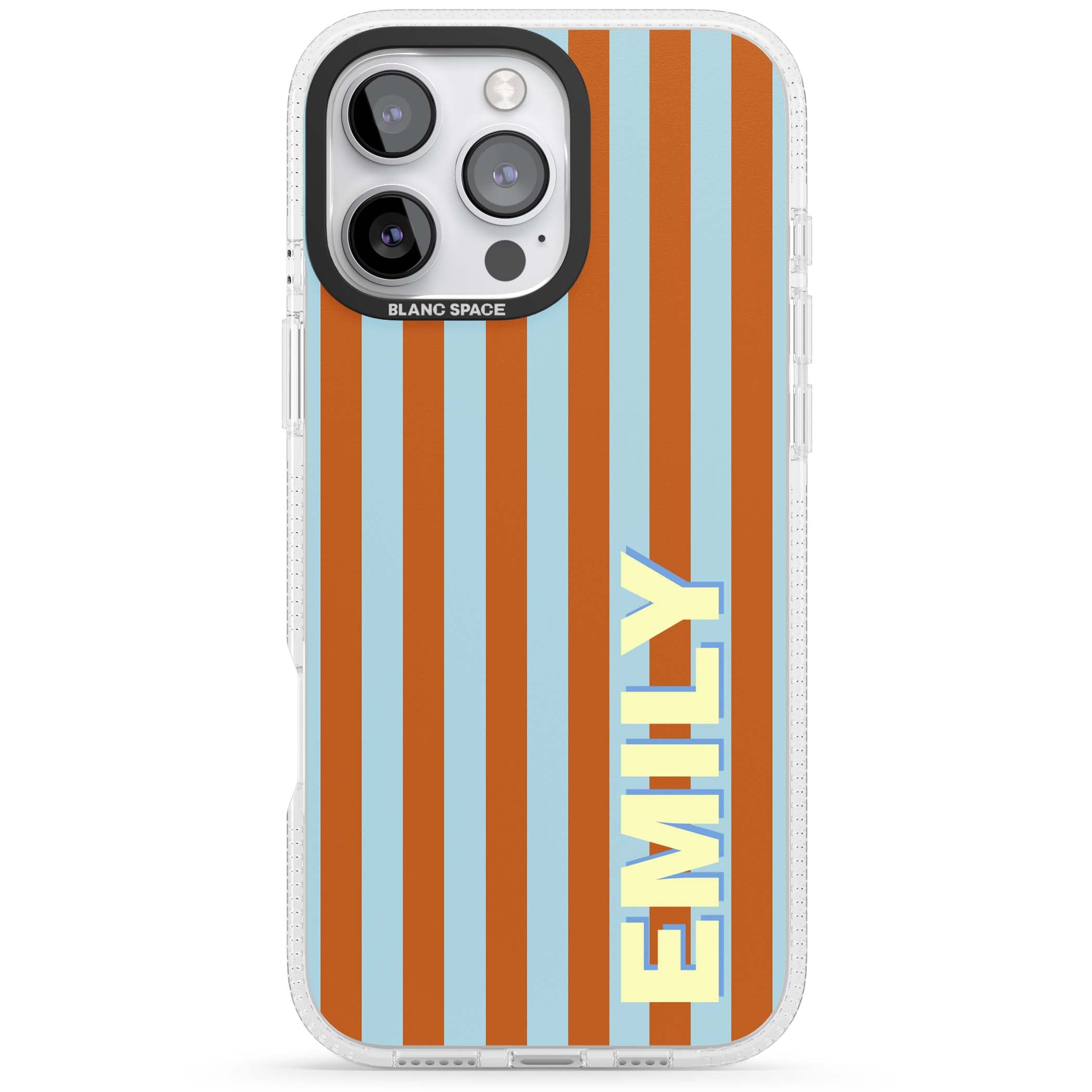 Cappadocia Stripe personalised coastal iPhone case featuring blue and orange vertical stripes with custom cream name | Clear Case Impact Air case for iPhone 16 Pro, iPhone 16 Pro Max