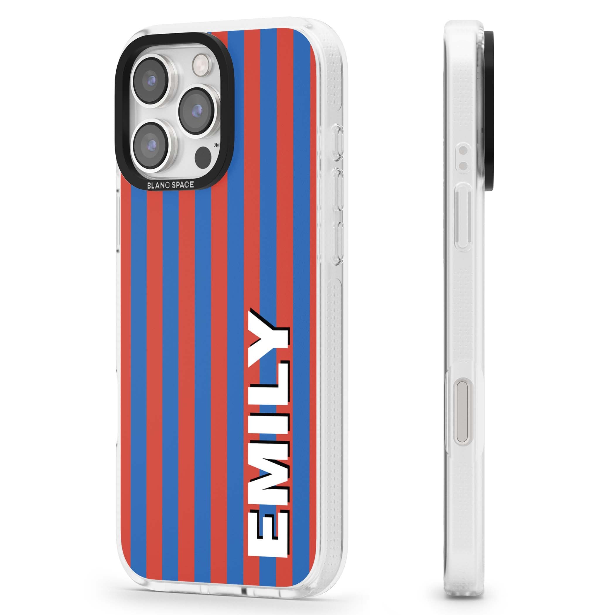 Cuban Stripe personalised iPhone case featuring red and blue vertical stripes with custom name in bold white letters | Clear Case Impact Air case for iPhone 16 Pro, iPhone 16 Pro Max