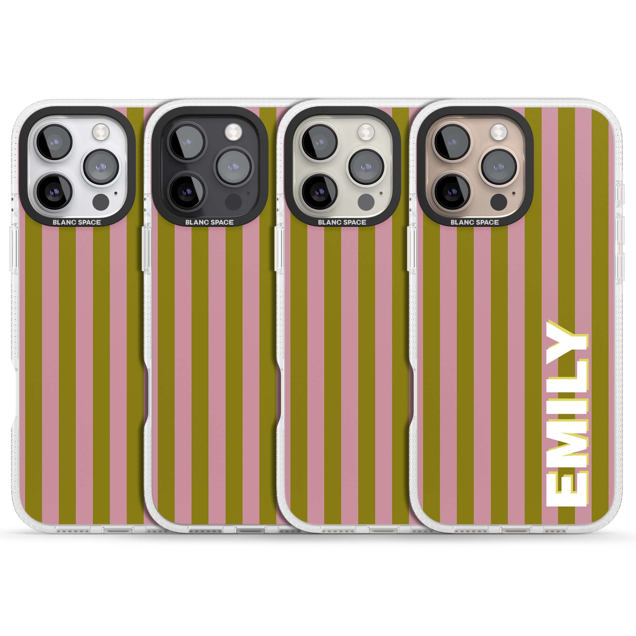 Istanbul Stripe personalised iPhone case featuring pink and olive green vertical stripes with a custom vertical name | Clear Case Impact Air case for iPhone 16 Pro, iPhone 16 Pro Max