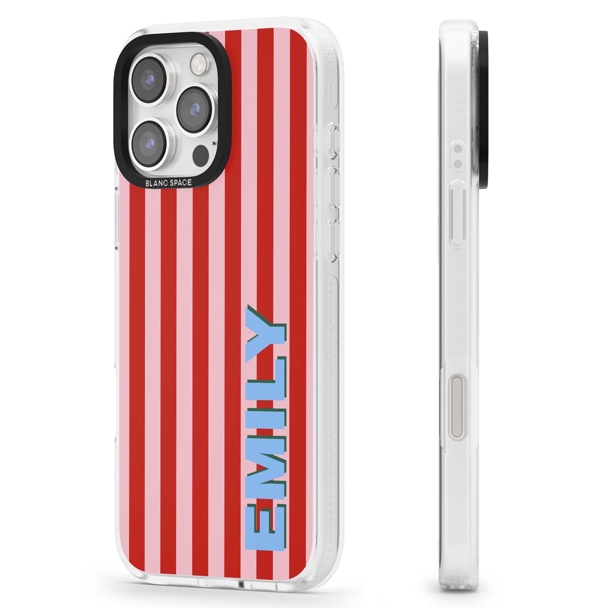 Market Stripe personalised iPhone case with red and pink vertical stripes and custom blue name | Clear Case Impact Air case for iPhone 16 Pro, iPhone 16 Pro Max