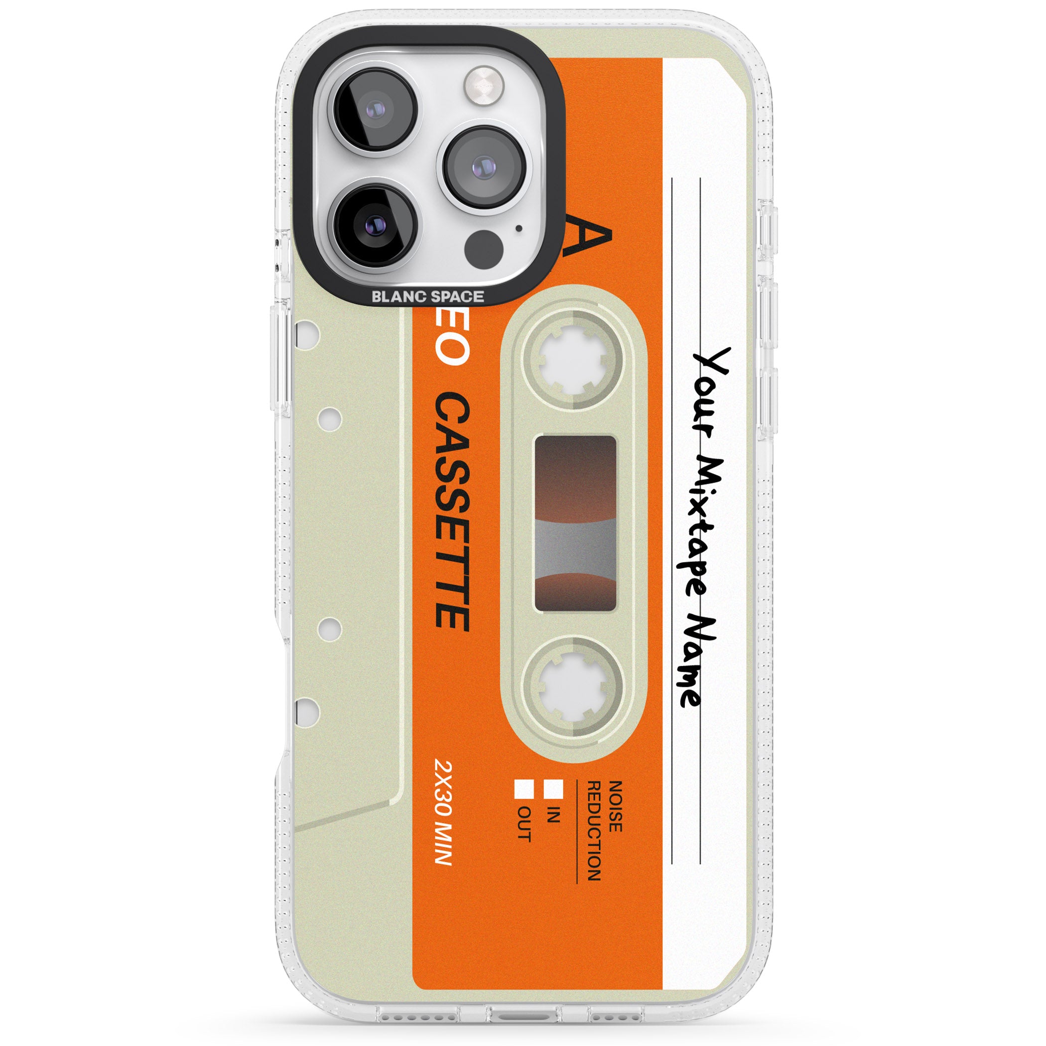 Personalised Classic Cassette iPhone 16 Pro Max / 16 Pro Clear Case Impact Air - Blanc Space