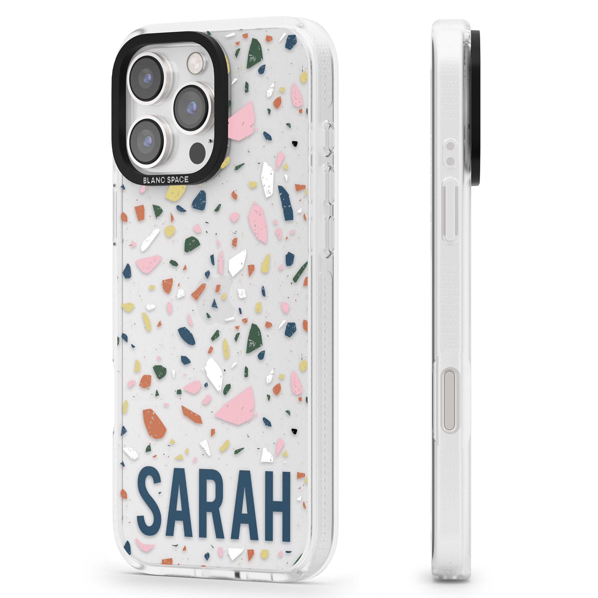 Personalised Terrazzo iPhone 16 Pro Max / 16 Pro Clear Case Impact Air - Blanc Space