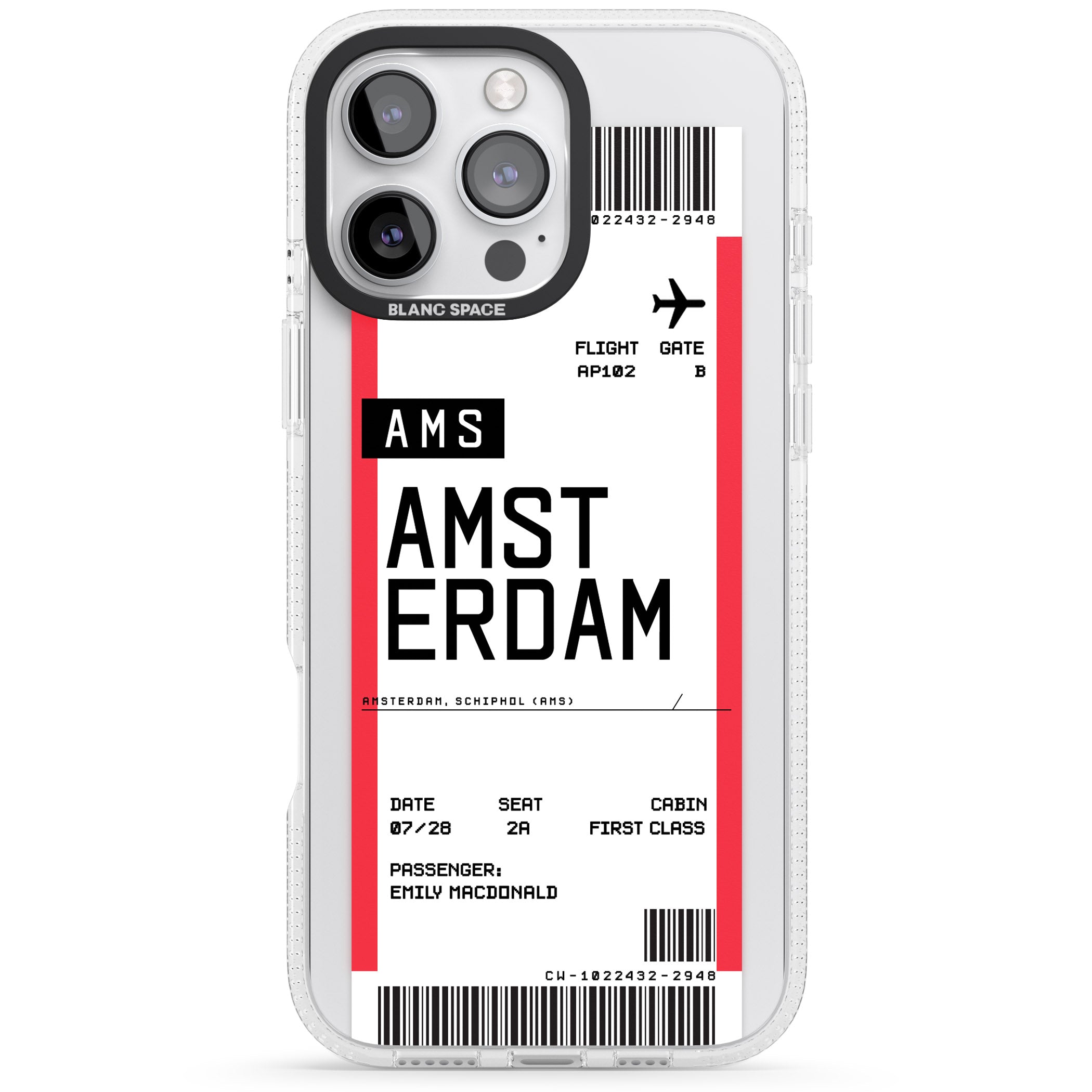 Personalised Amsterdam Boarding Pass iPhone 16 Pro Max / 16 Pro Clear Case Impact Air - Blanc Space
