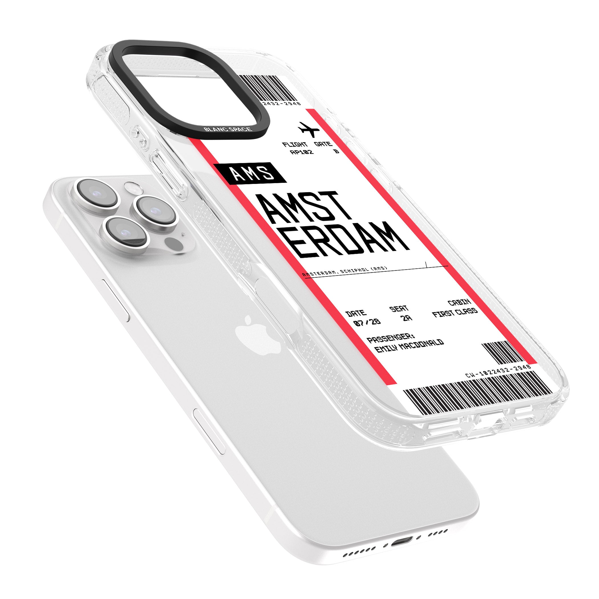 Personalised Amsterdam Boarding Pass iPhone 16 Pro Max / 16 Pro Clear Case Impact Air - Blanc Space