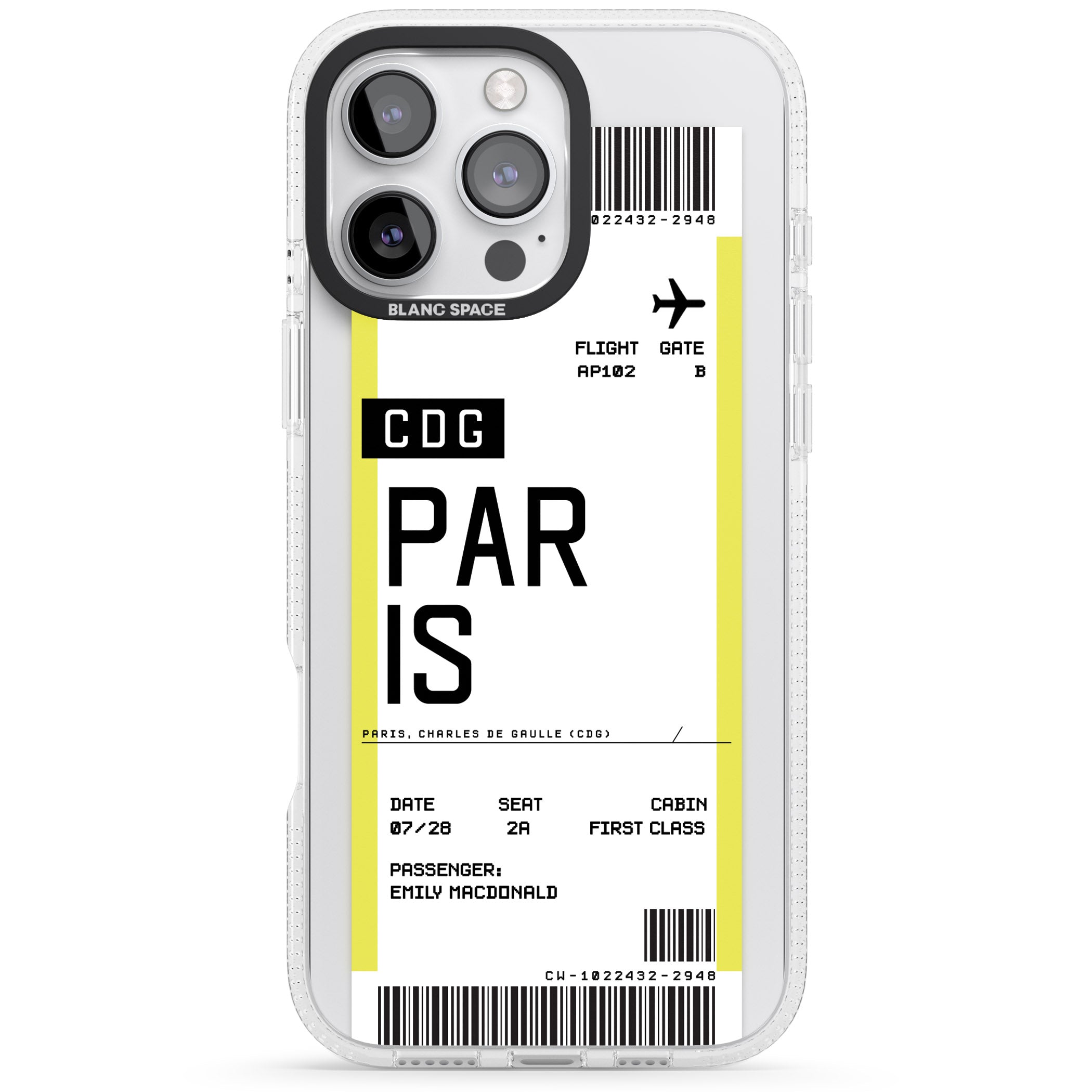 Personalised Paris Boarding Pass iPhone 16 Pro Max / 16 Pro Clear Case Impact Air - Blanc Space