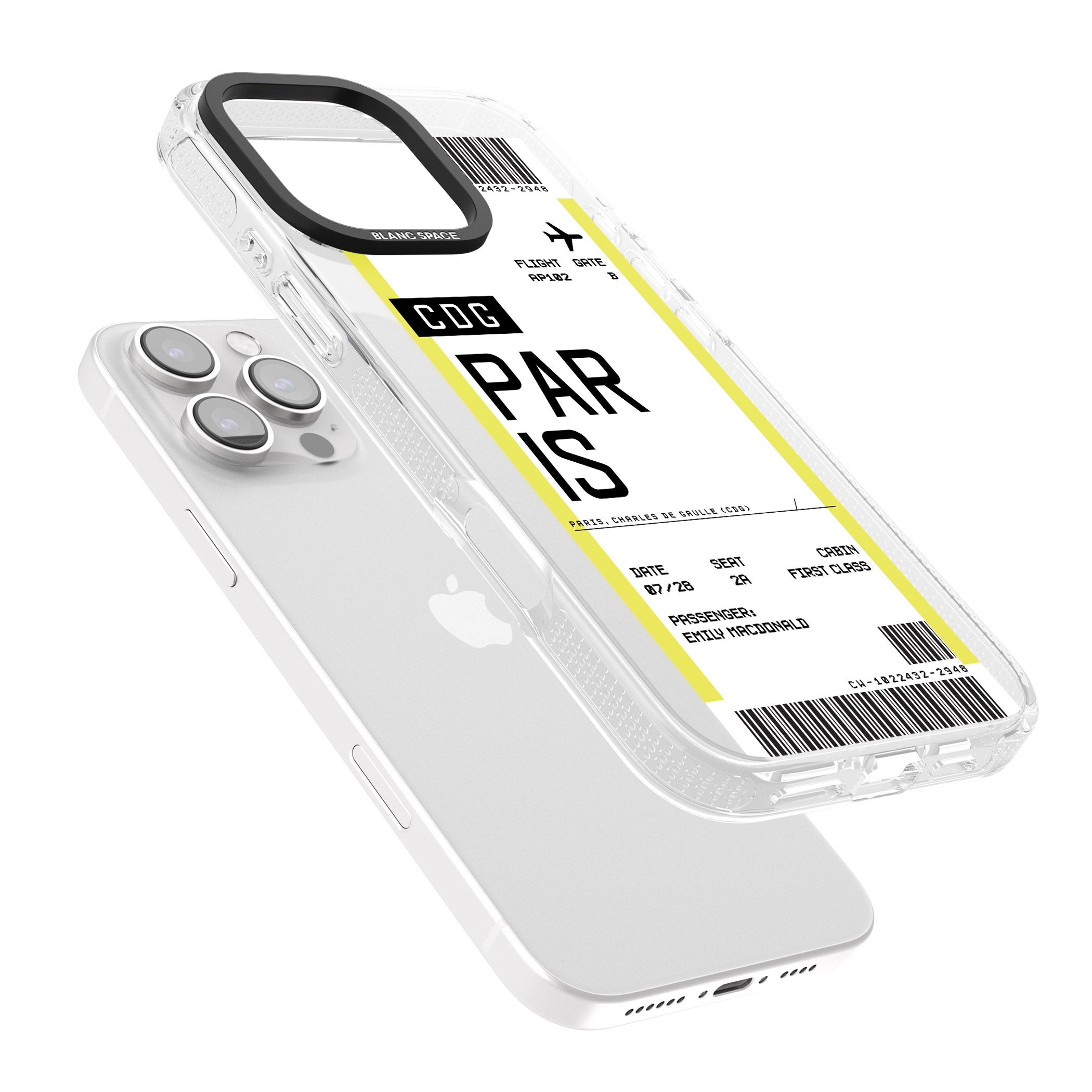Personalised Paris Boarding Pass iPhone 16 Pro Max / 16 Pro Clear Case Impact Air - Blanc Space
