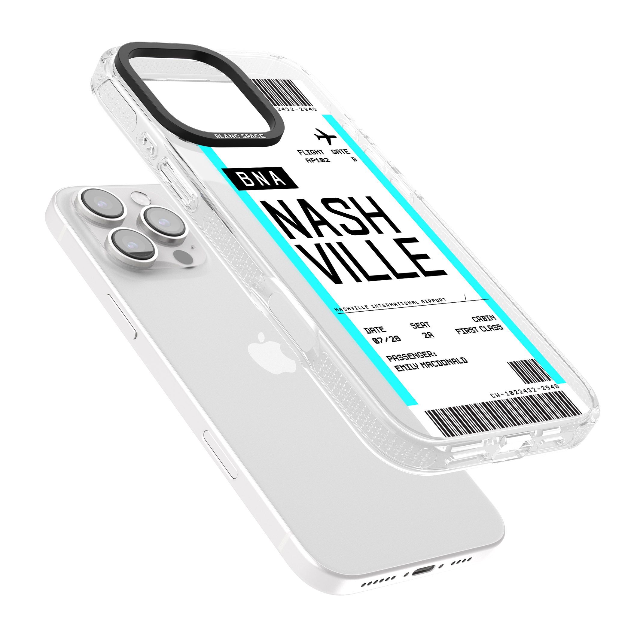 Personalised Nashville Boarding Pass iPhone 16 Pro Max / 16 Pro Clear Case Impact Air - Blanc Space